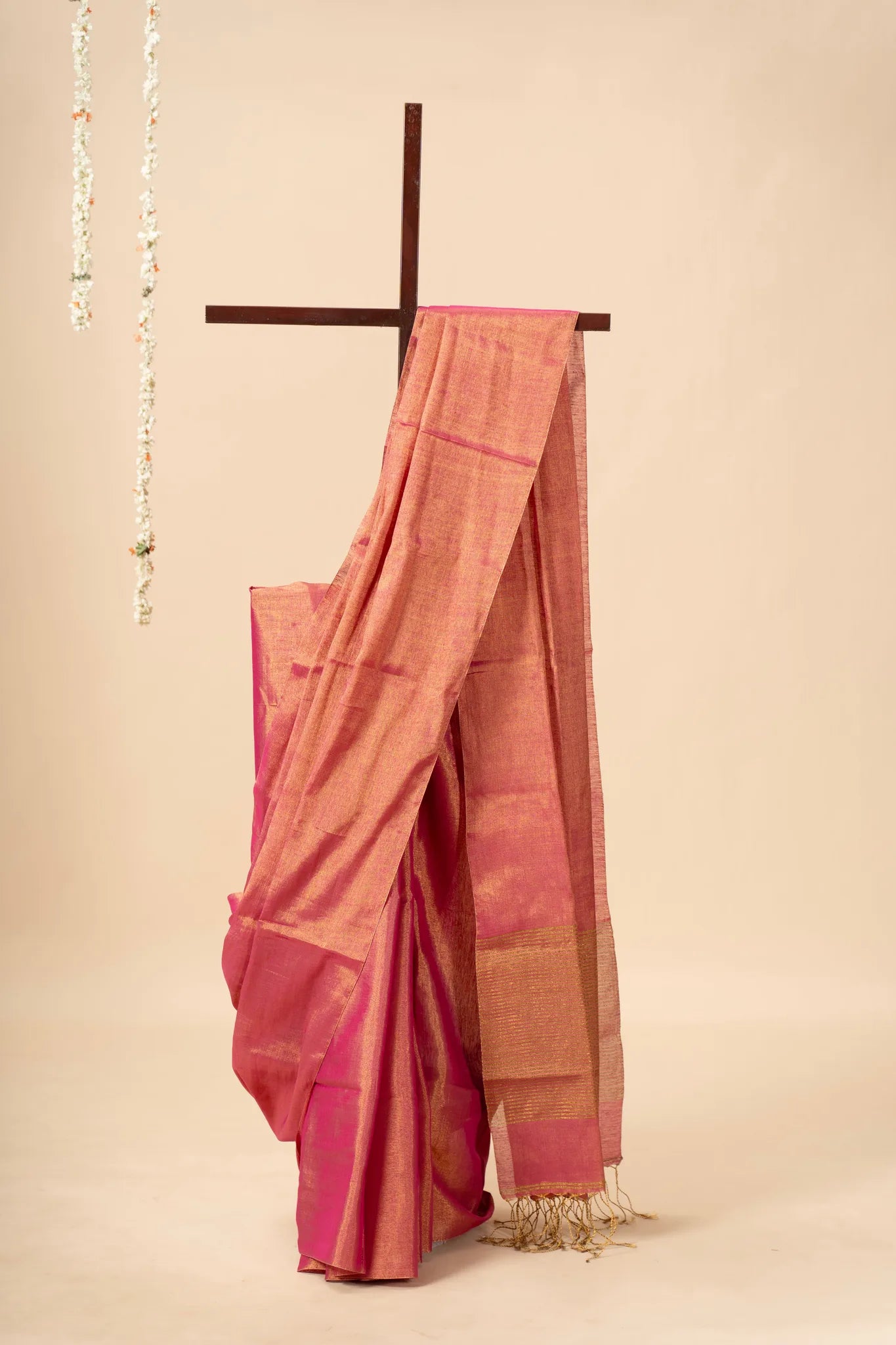 Coral Pink Light Weight Zari Linen Saree - view 2