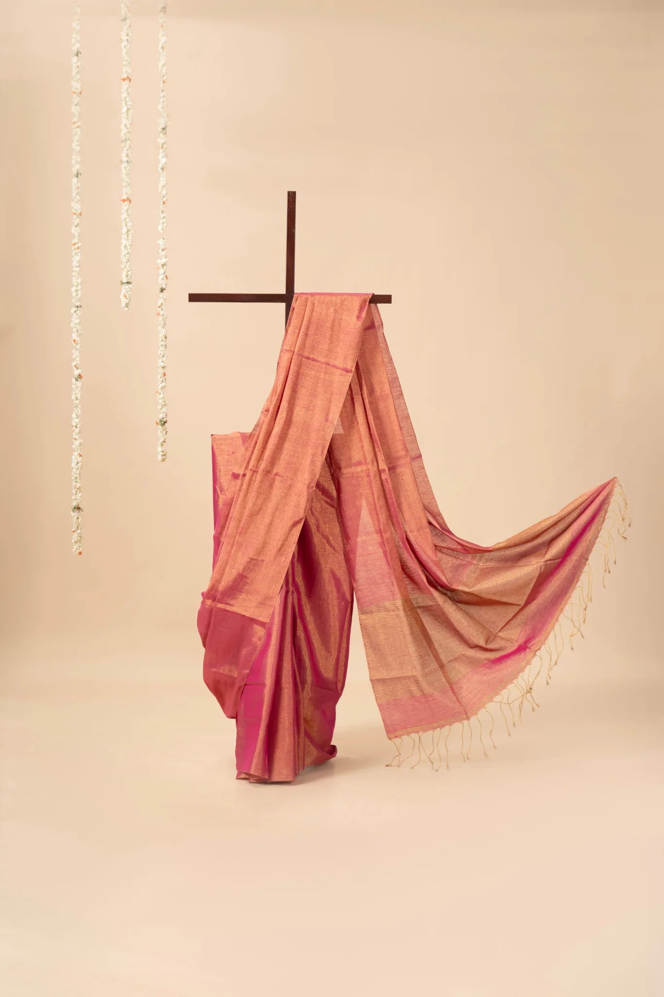 Coral Pink Light Weight Zari Linen Saree