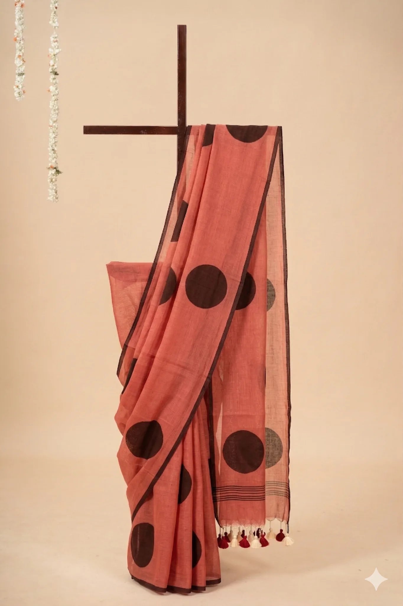 Coral Mul Cotton Saree with Black Polka Dots - view 2