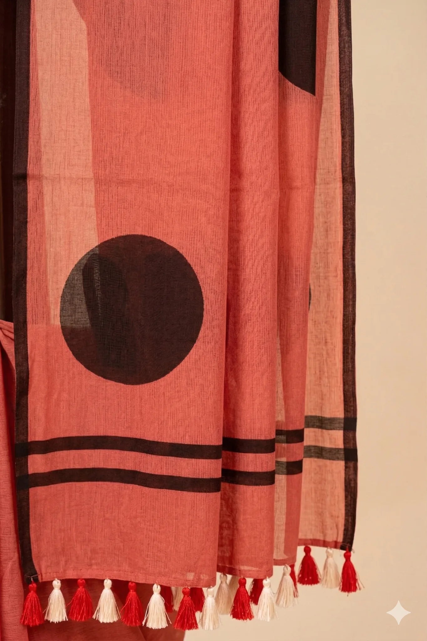 Coral Mul Cotton Saree with Black Polka Dots - view 3