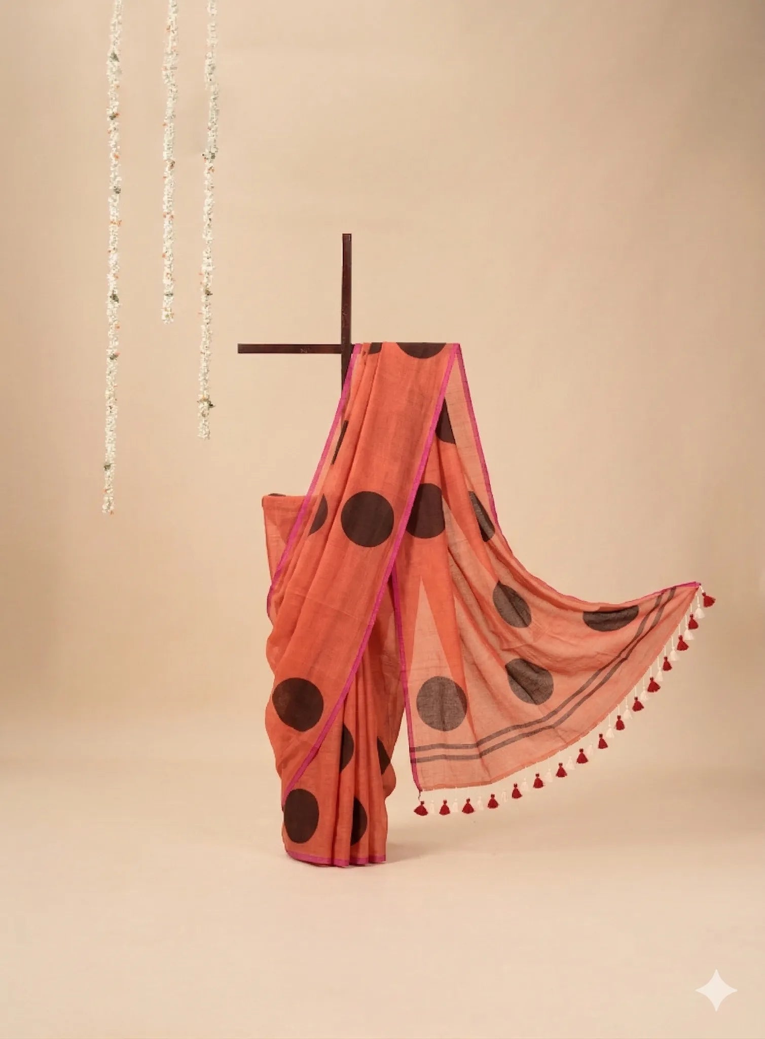 Coral Mul Cotton Saree with Black Polka Dots