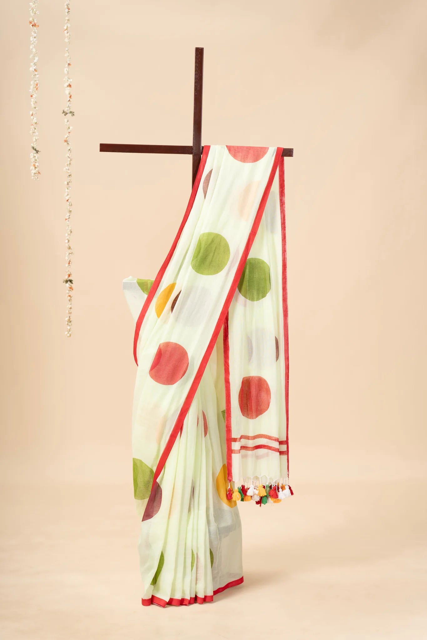 Light Green Mul Cotton Saree with Polka Dots
