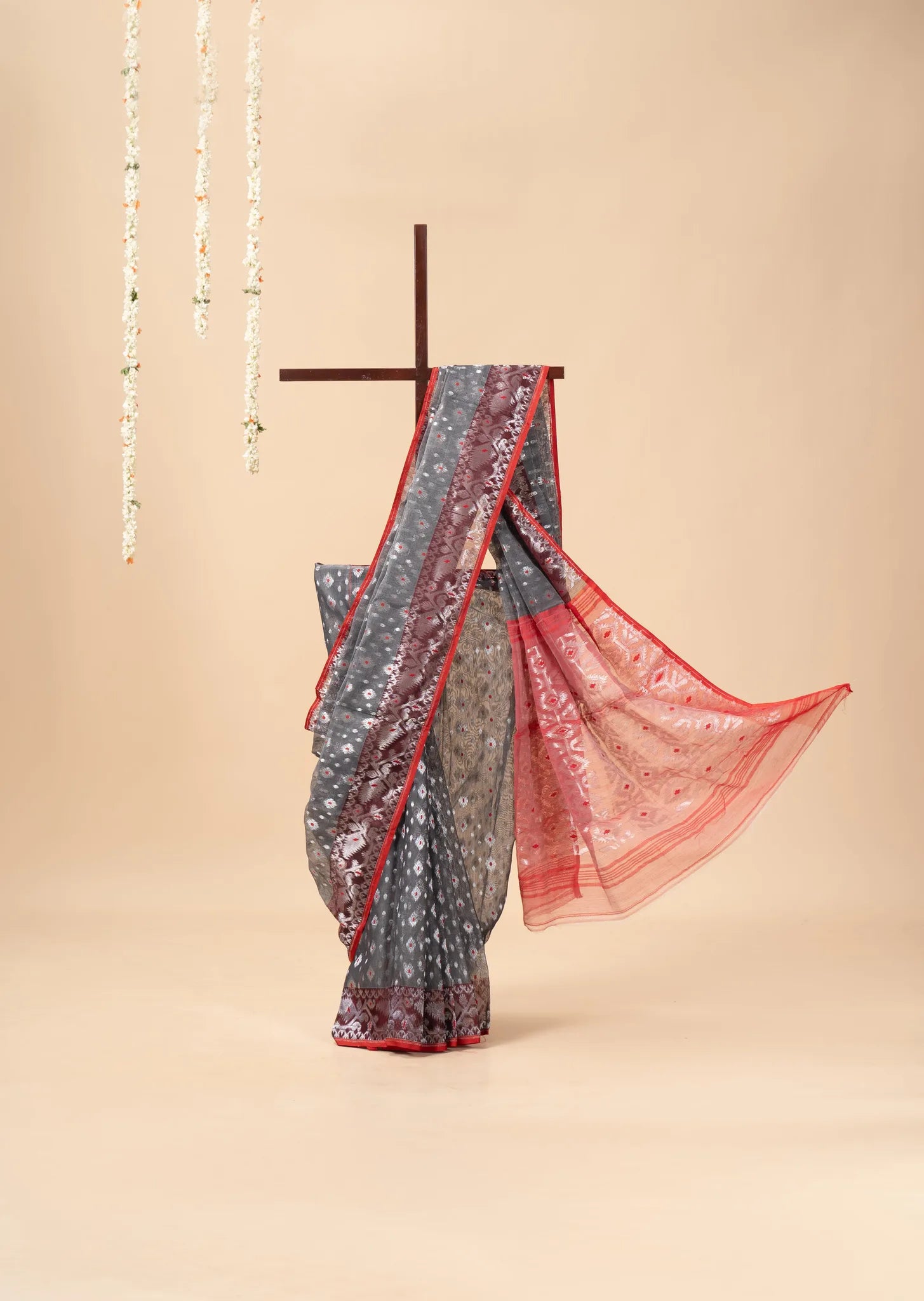 Grey and Red With Silver Zari Jhakai Jamdani Saree
