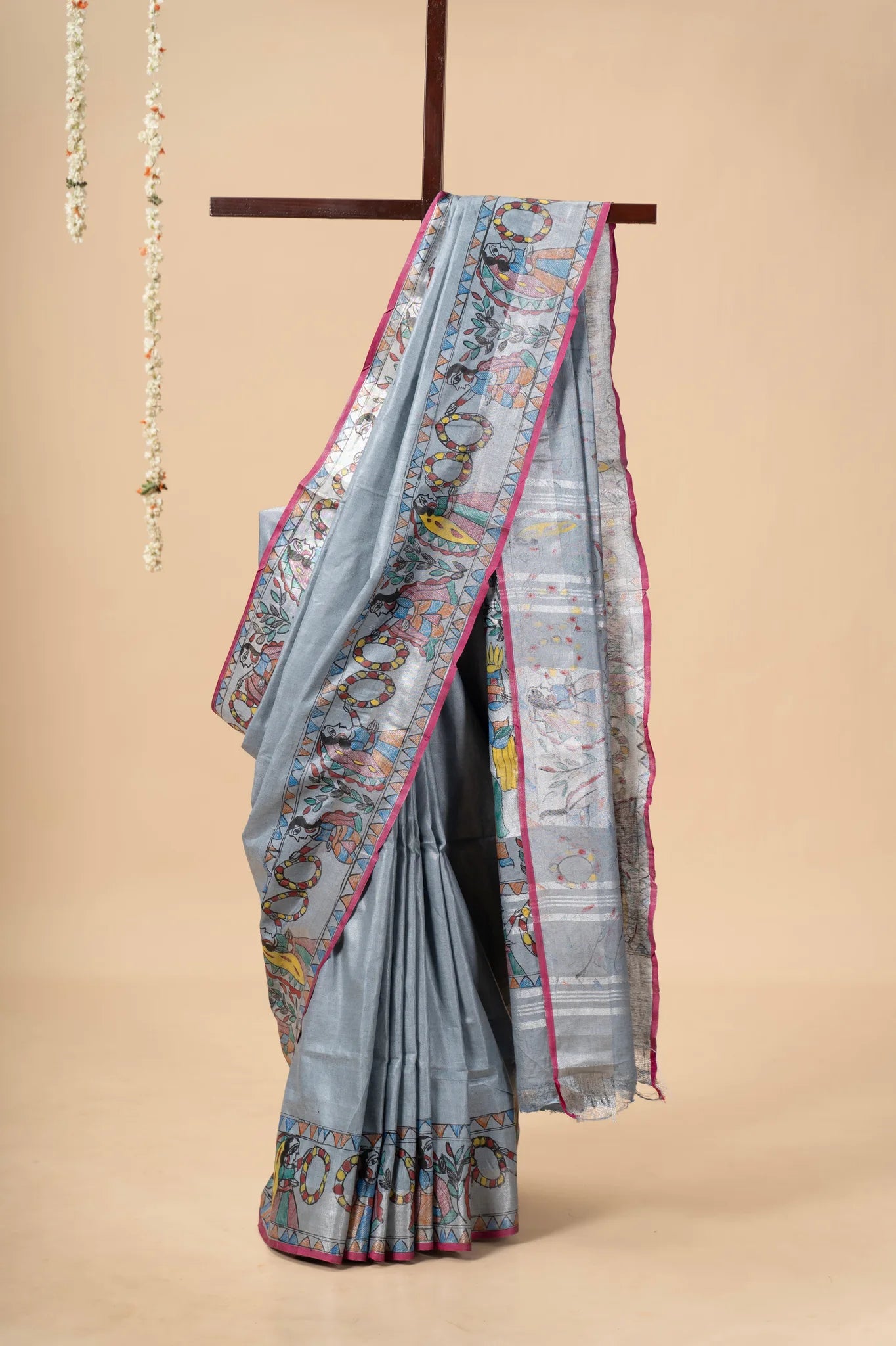 Grey Blue Hand-Painted Madhubani Linen Saree - view 2