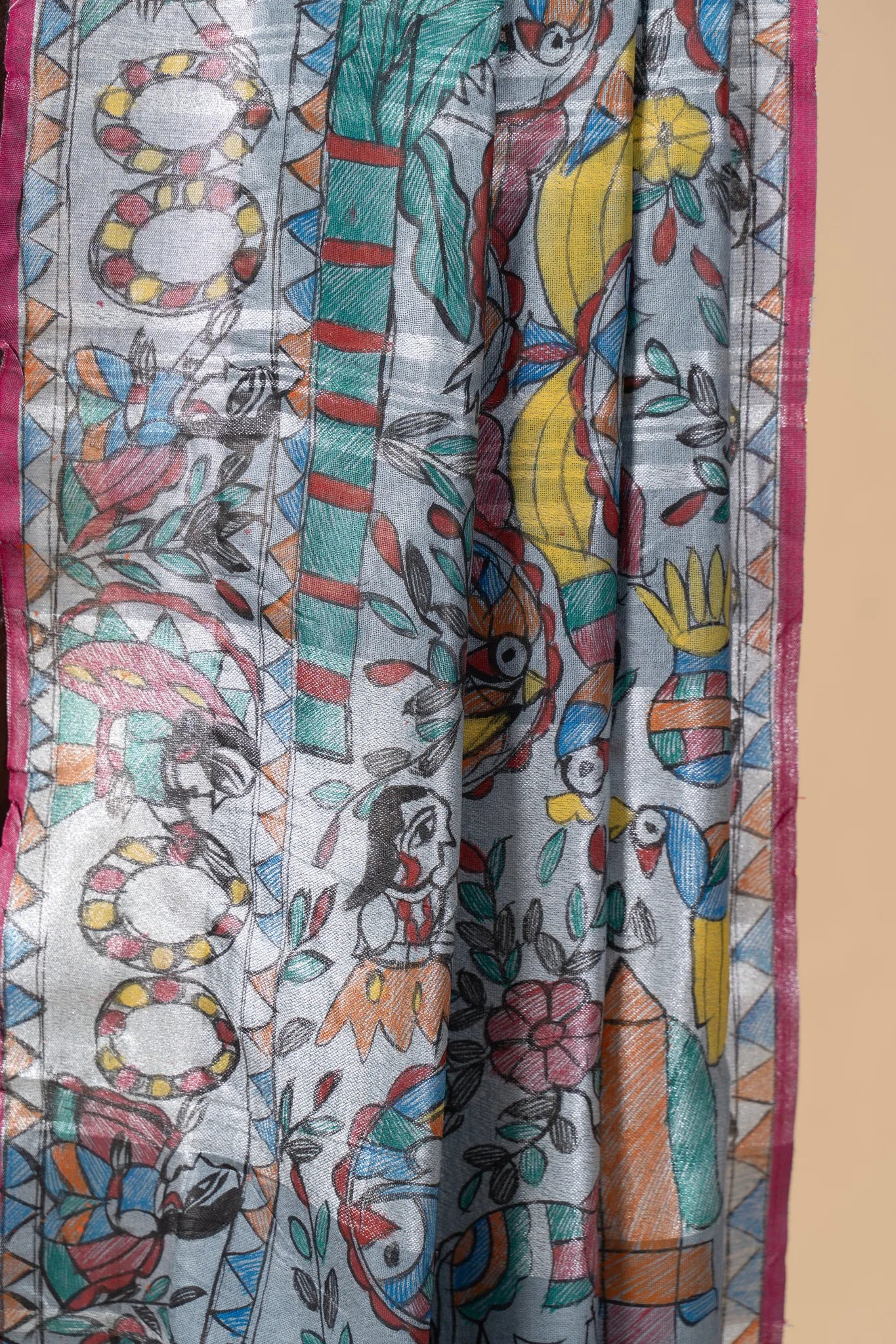 Grey Blue Hand-Painted Madhubani Linen Saree - view 3