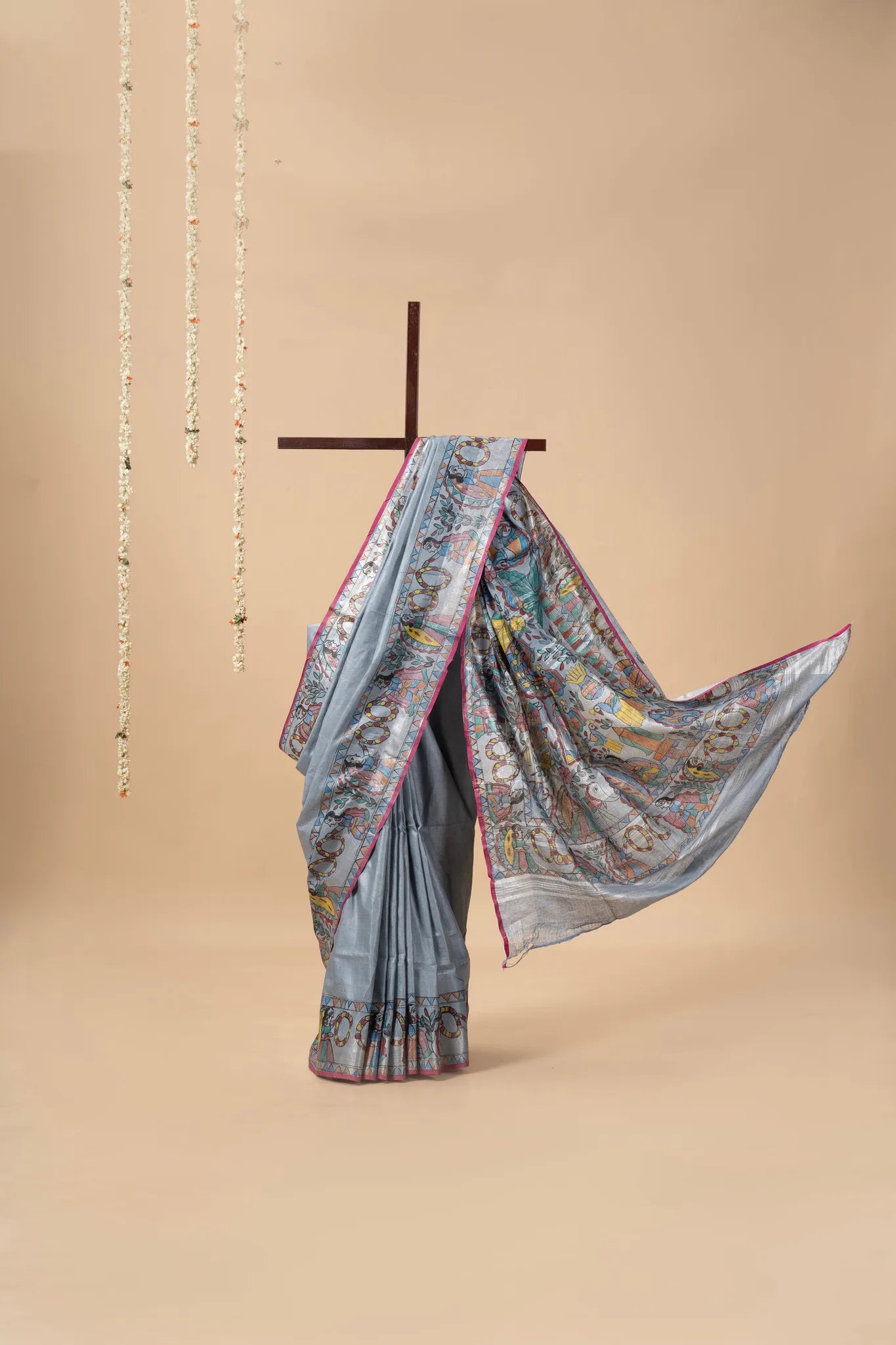 Grey Blue Hand-Painted Madhubani Linen Saree