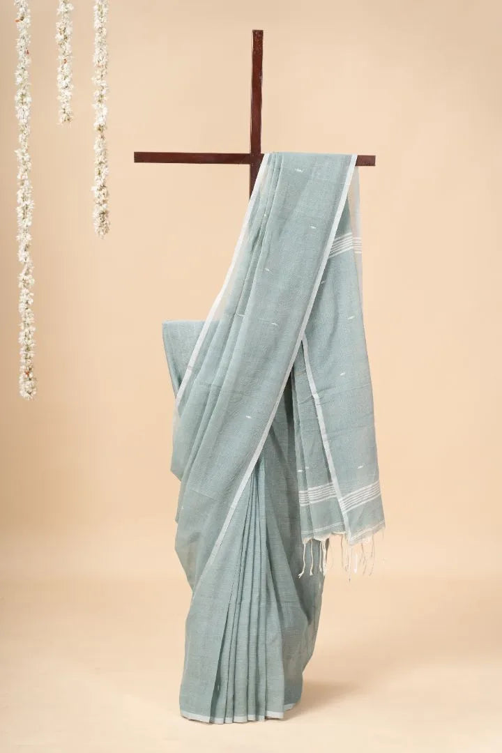 Light Blue Handwoven Bengal Cotton Saree - view 2