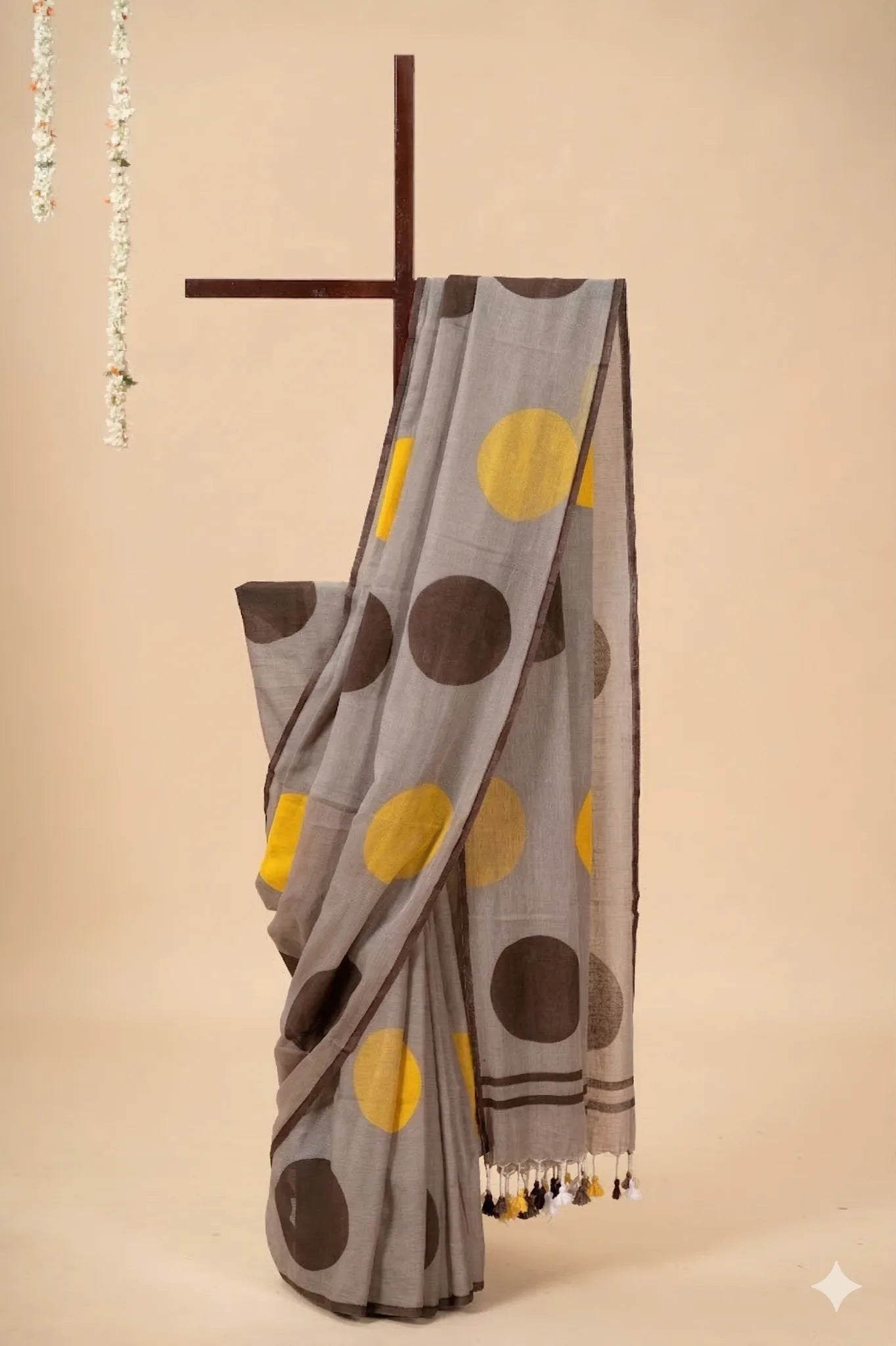Grey Mul Cotton Saree with Black and Yellow Polka Dots - view 2