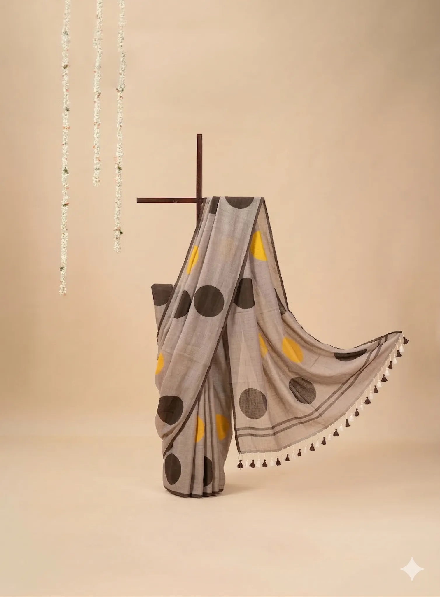 Grey Mul Cotton Saree with Black and Yellow Polka Dots