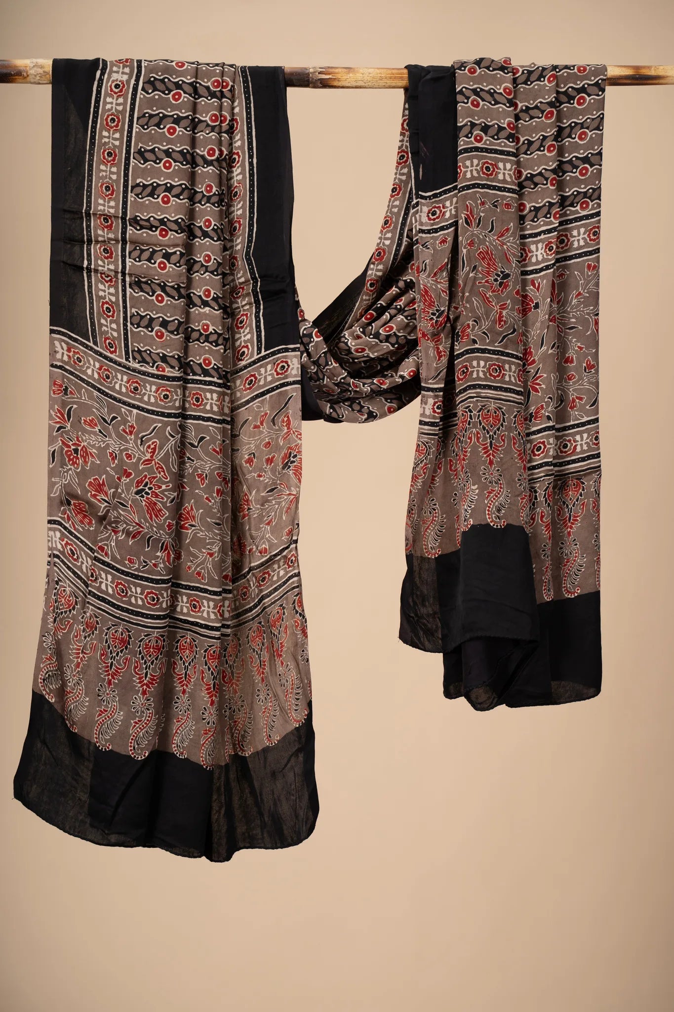 Red And Brown Ajrakh Dupatta on Modal Silk