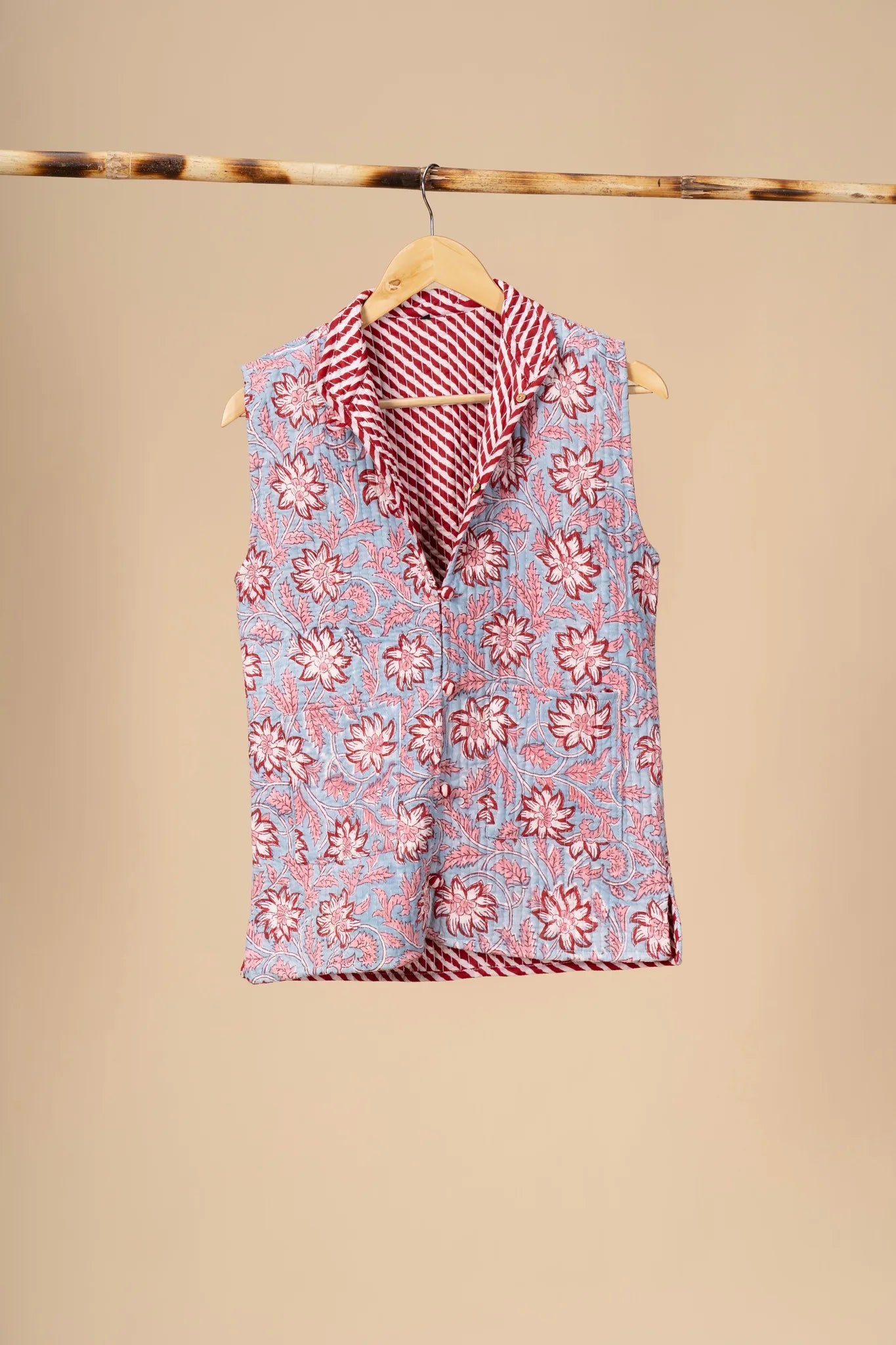 Hand Block Printed Cotton Reversible sleeveless jacket - view 2