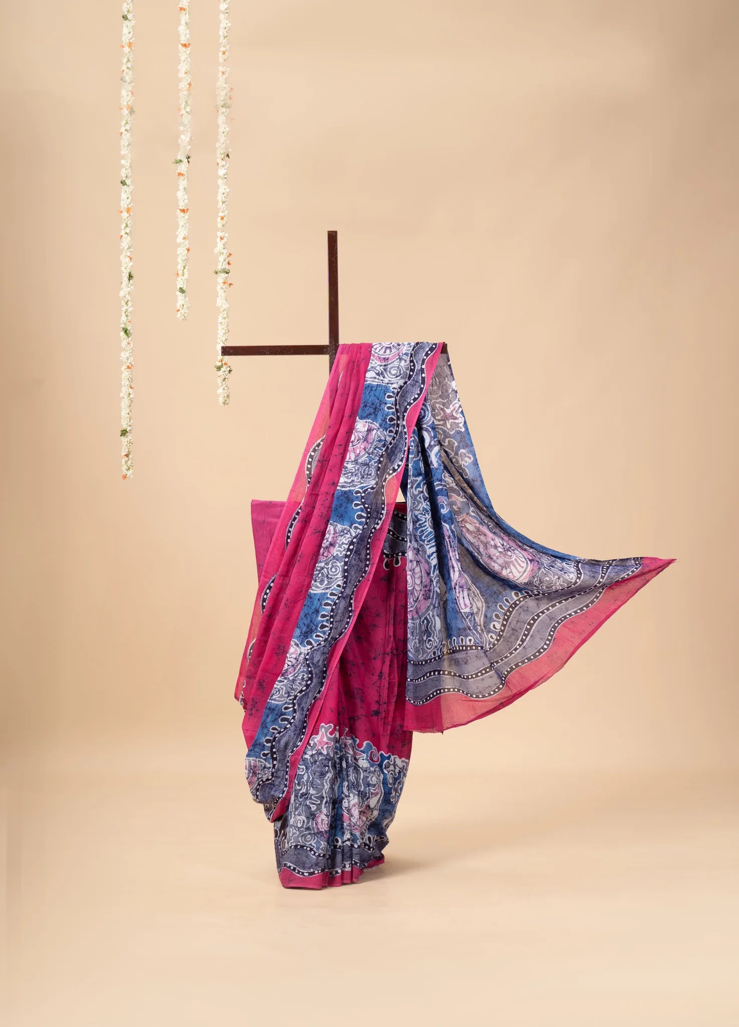 Rose Pink Hand-Painted Batik Mul Cotton Saree - view 2