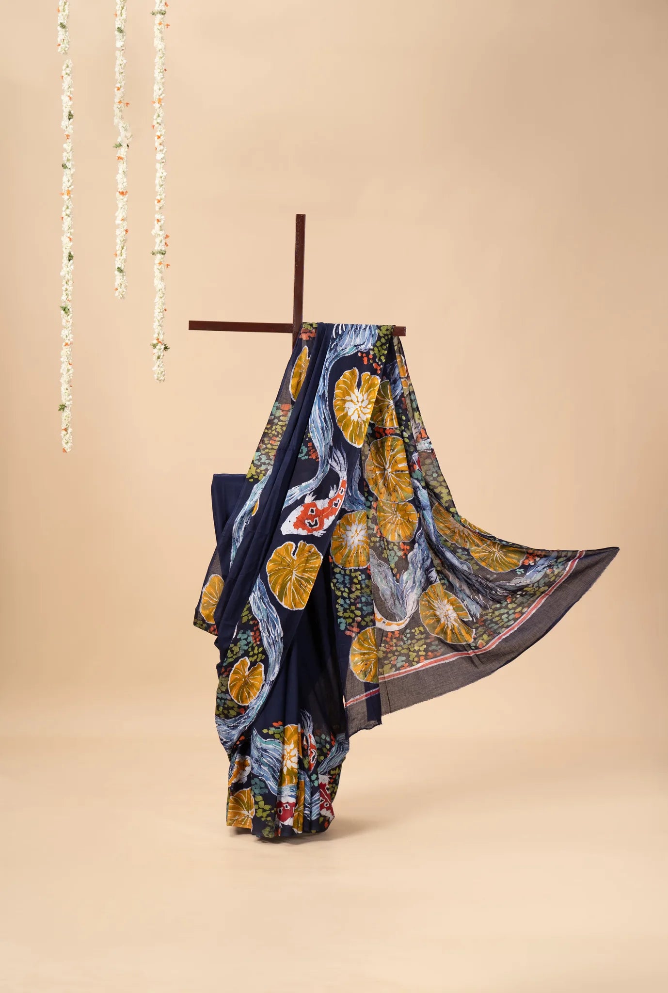 Indigo Blue Hand-Painted Batik Mul Cotton Saree - view 2