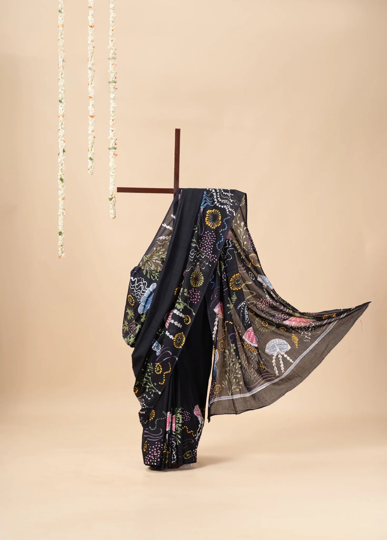 Midnight Black Hand-Painted Batik Mul Cotton Saree - view 2