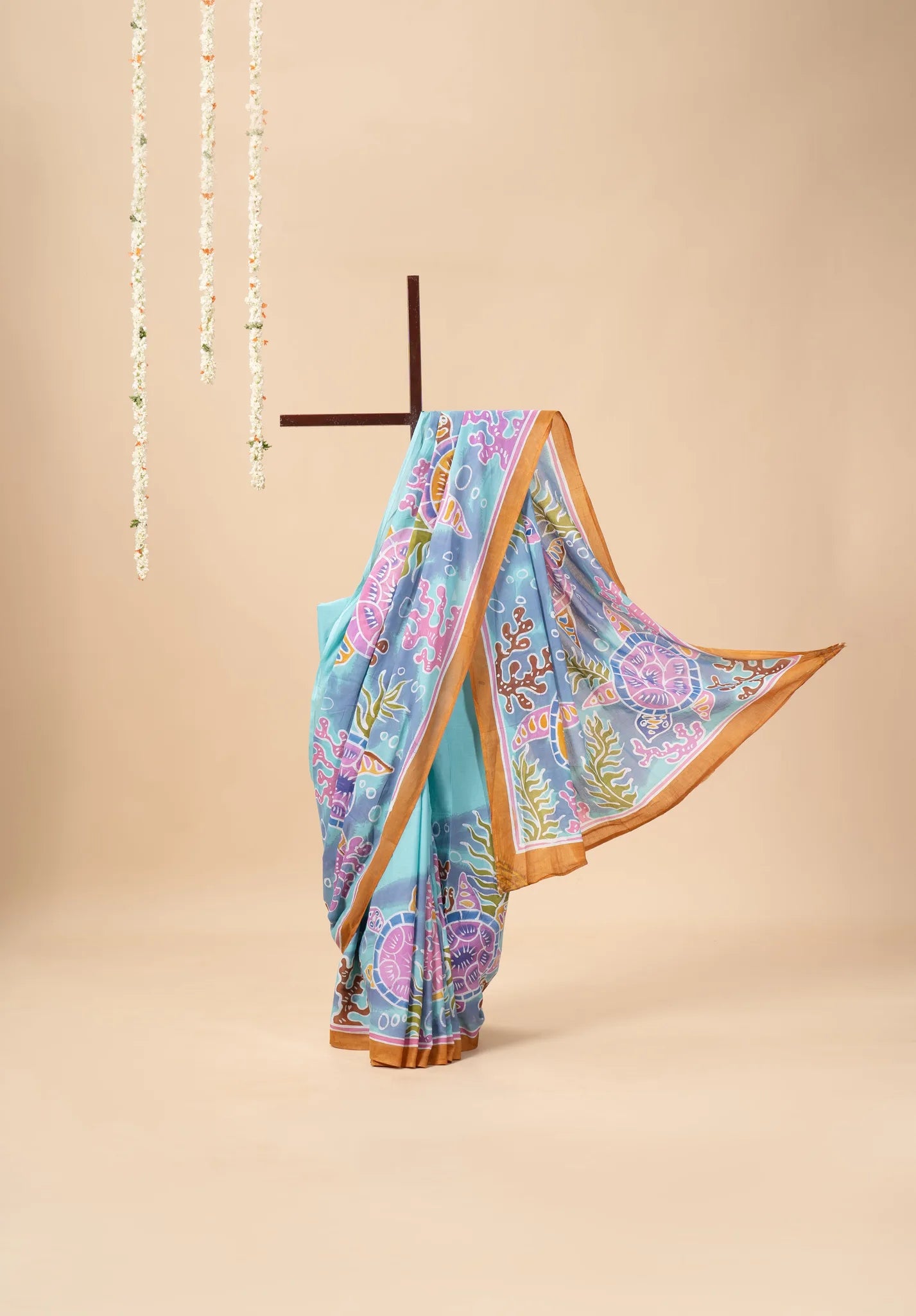 Aqua Blue Hand-Painted Batik Mul Cotton Saree - view 2
