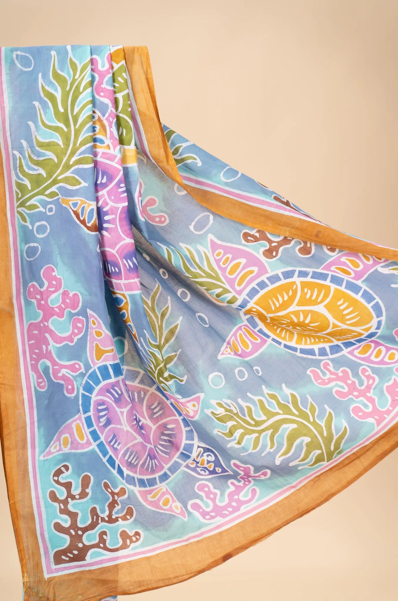 Aqua Blue Hand-Painted Batik Mul Cotton Saree - view 3