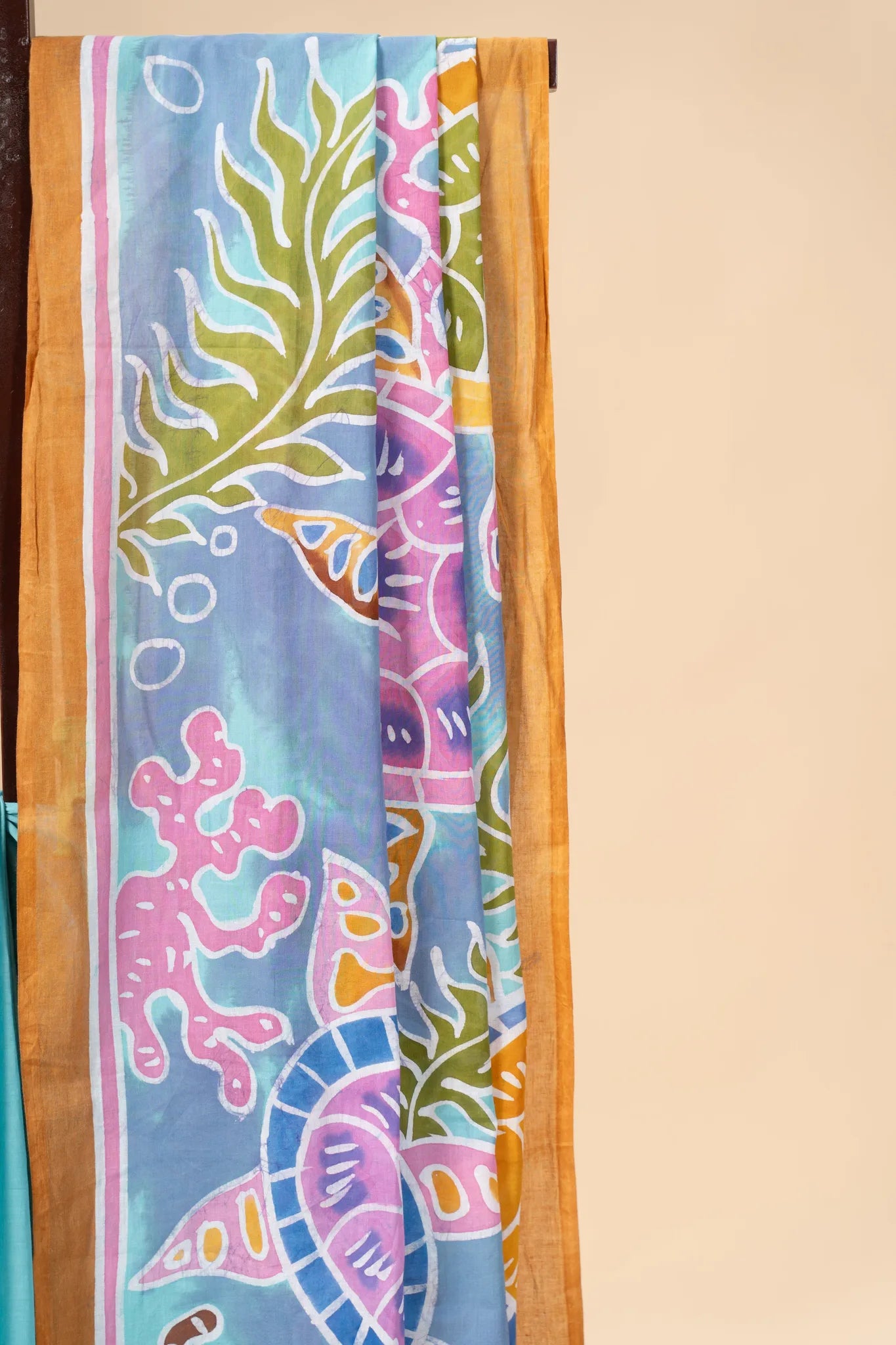 Aqua Blue Hand-Painted Batik Mul Cotton Saree - view 4