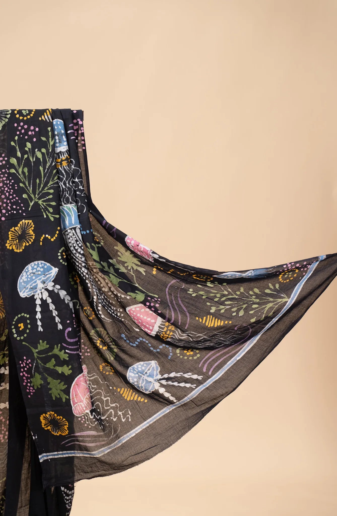 Midnight Black Hand-Painted Batik Mul Cotton Saree - view 3