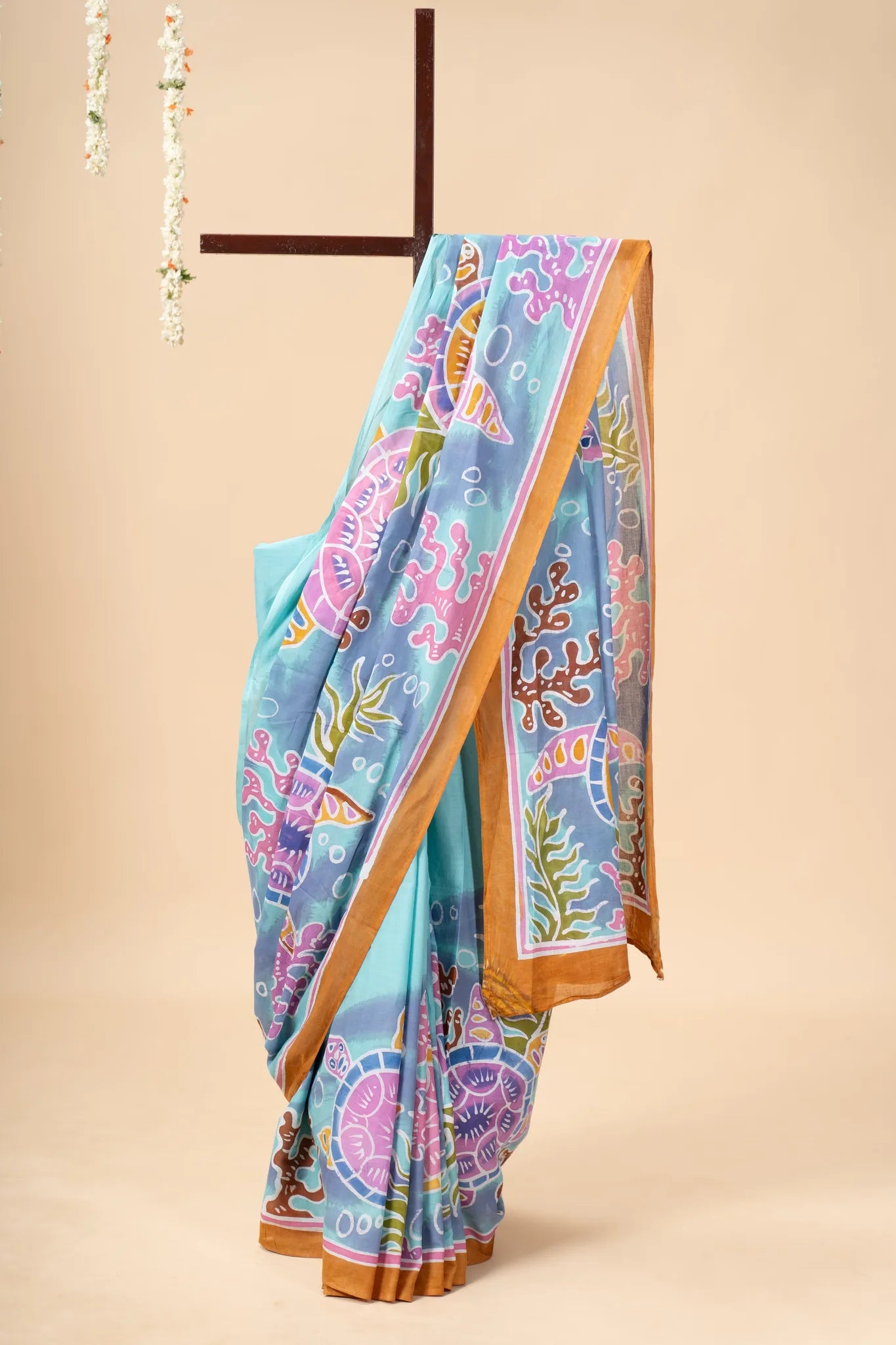 Aqua Blue Hand-Painted Batik Mul Cotton Saree