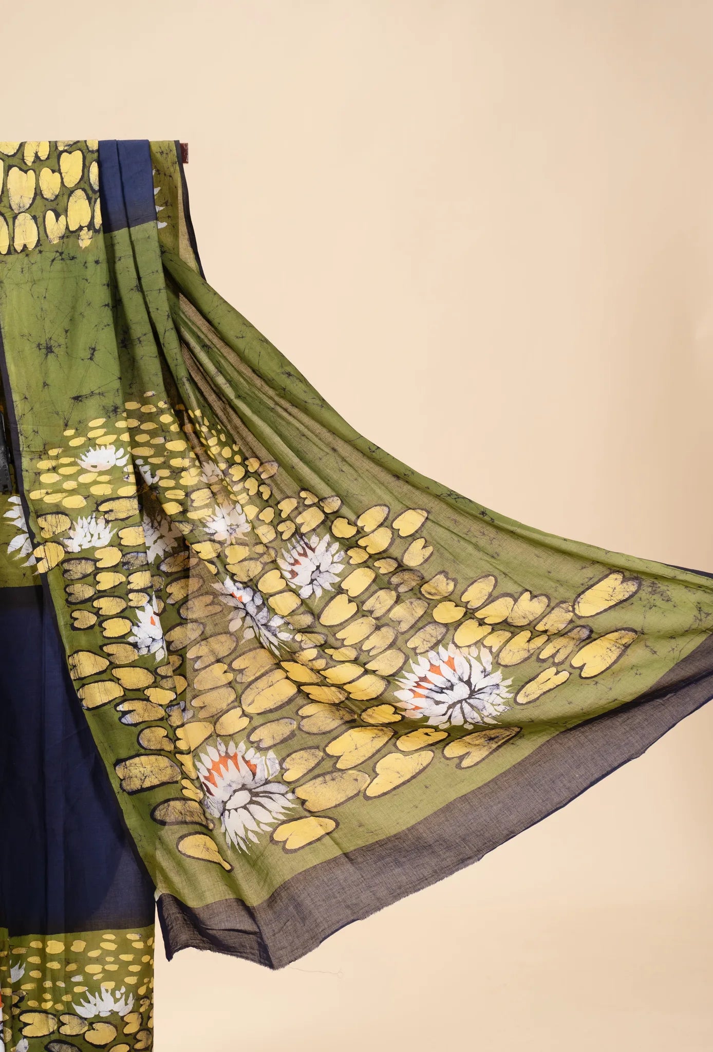 Blue and Green Hand-Painted Batik Mul Cotton Saree - view 2