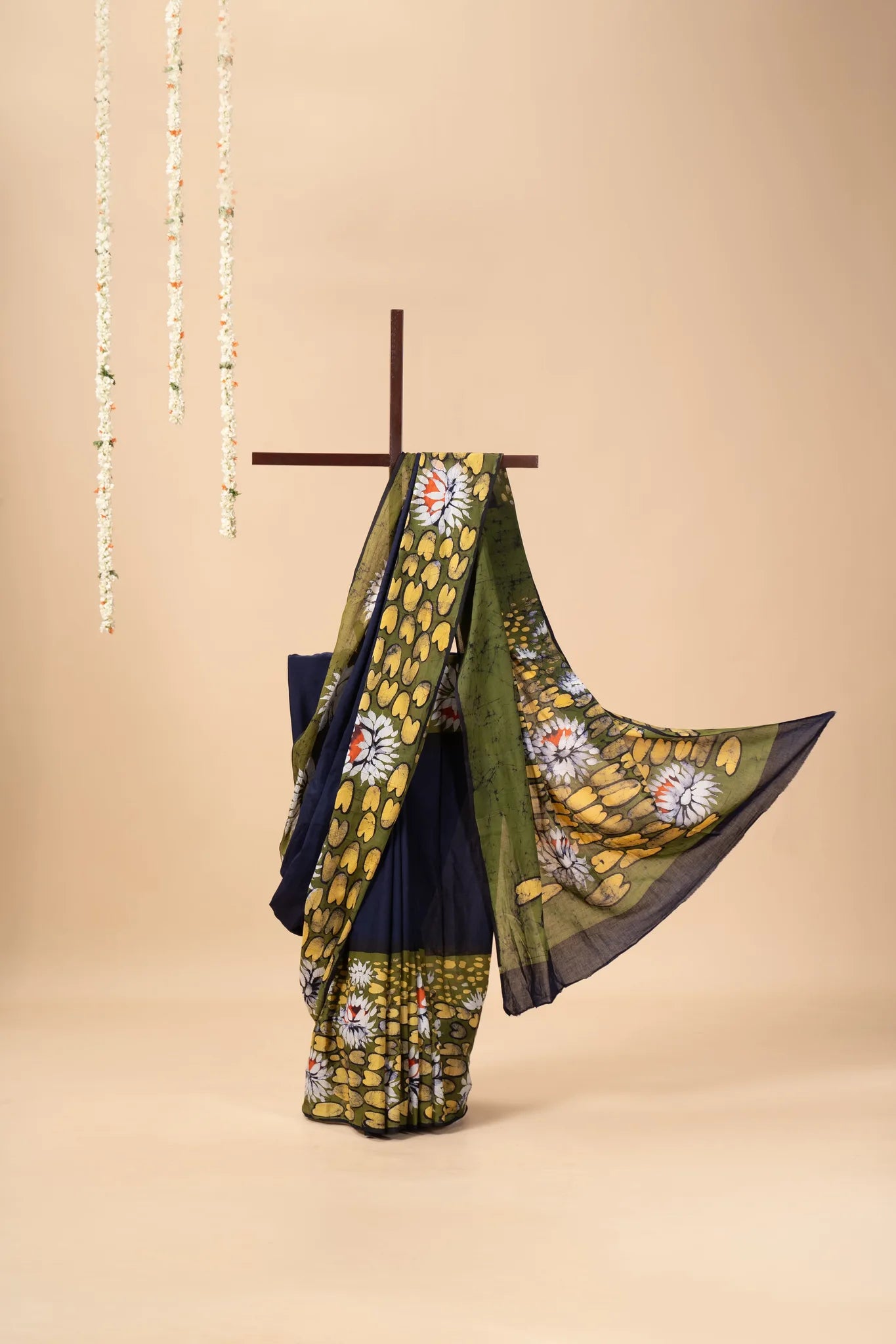 Blue and Green Hand-Painted Batik Mul Cotton Saree