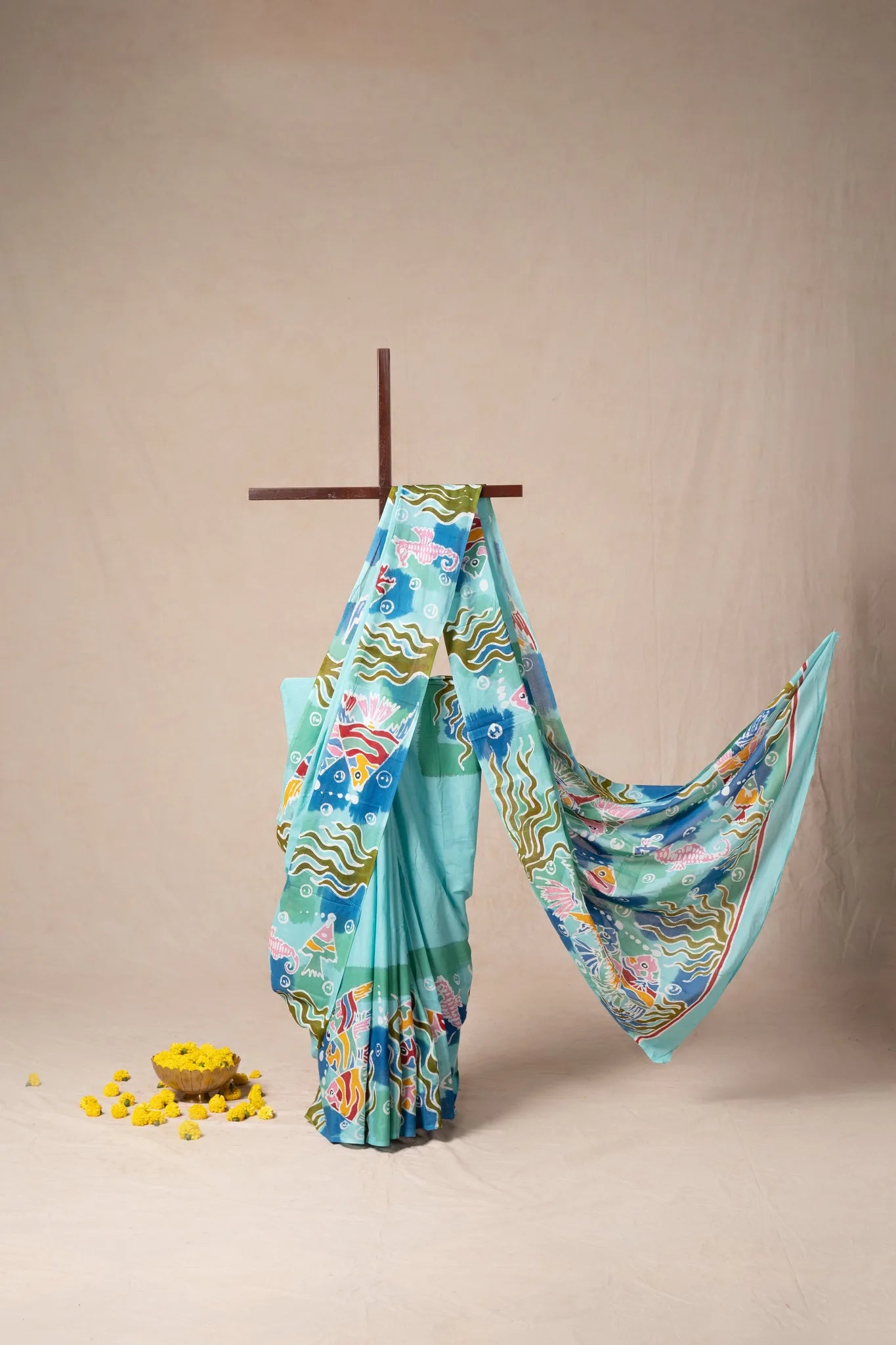 Sea Blue Hand-Painted Batik Mul Cotton Saree - view 2