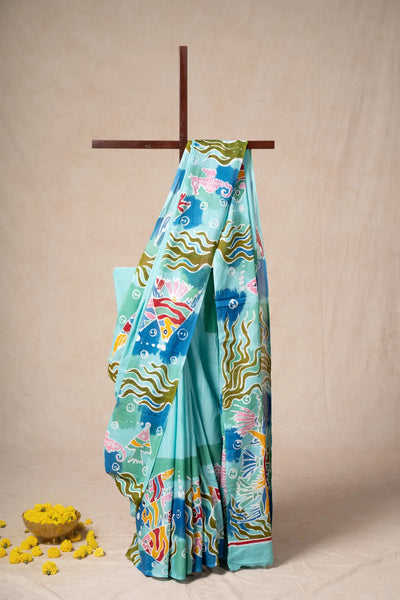 Sea Blue Hand-Painted Batik Mul Cotton Saree