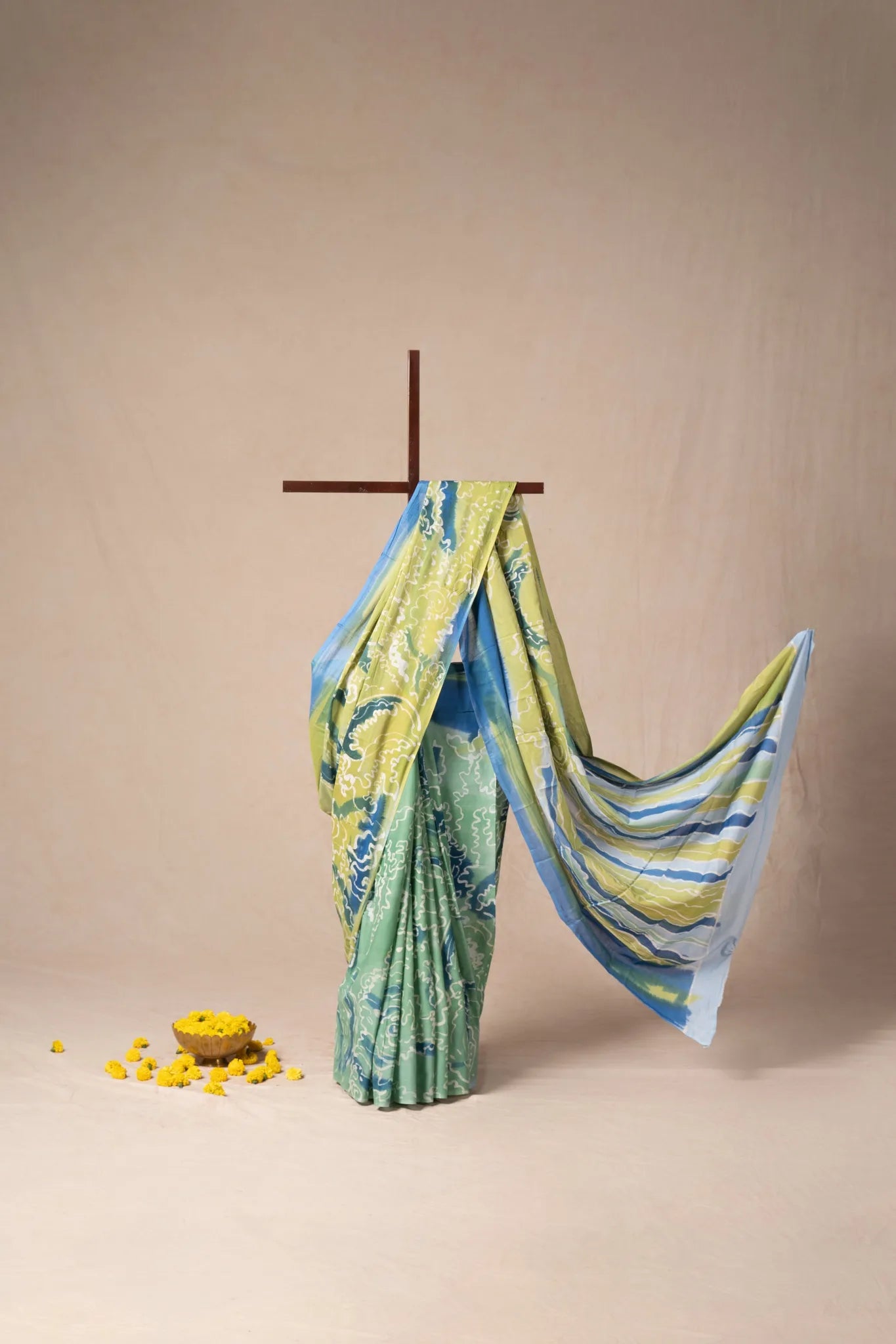 Sea Green Hand-Painted Batik Mul Cotton Saree - view 2