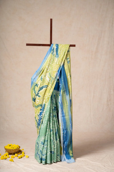 Sea Green Hand-Painted Batik Mul Cotton Saree