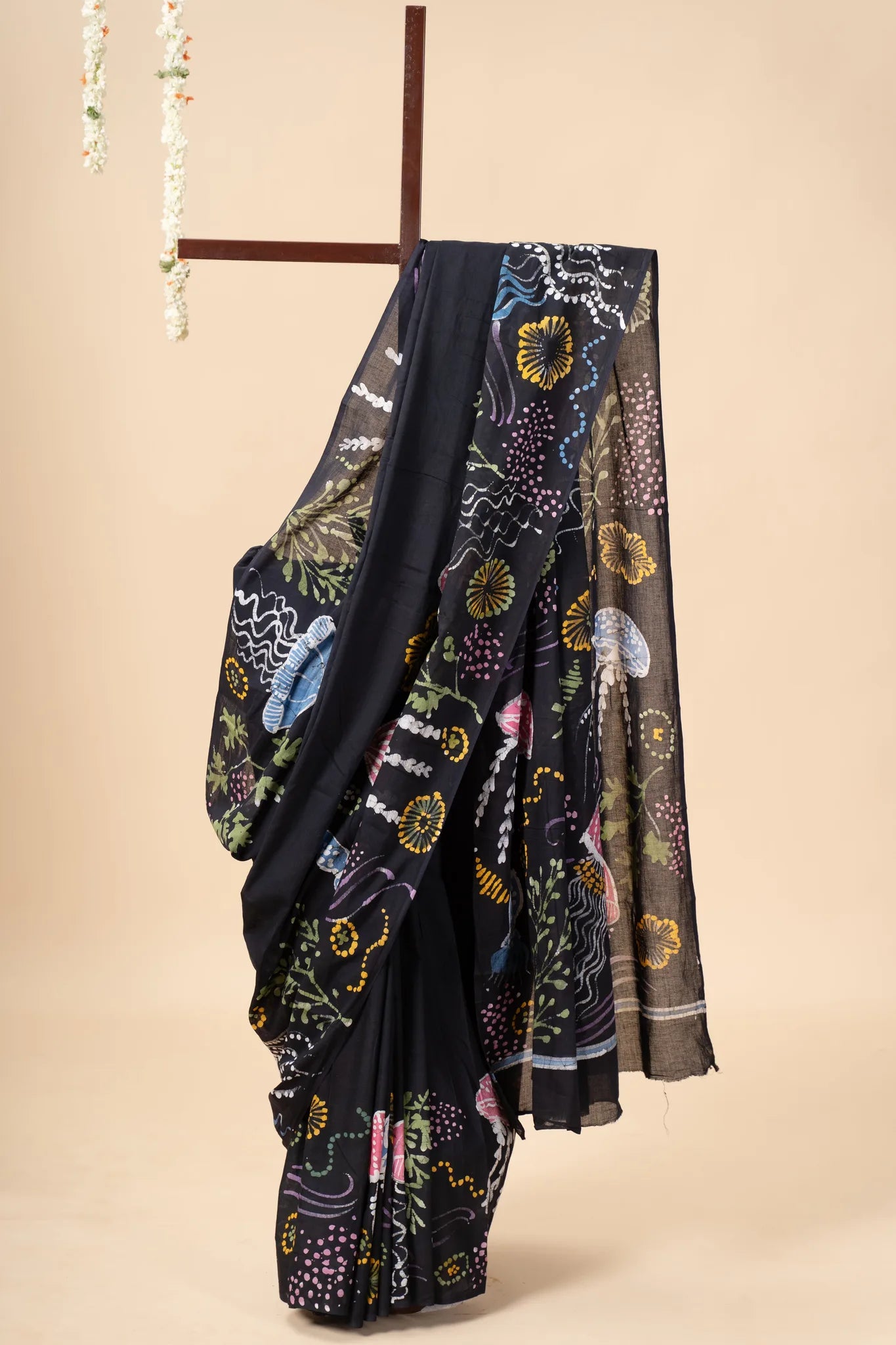 Midnight Black Hand-Painted Batik Mul Cotton Saree
