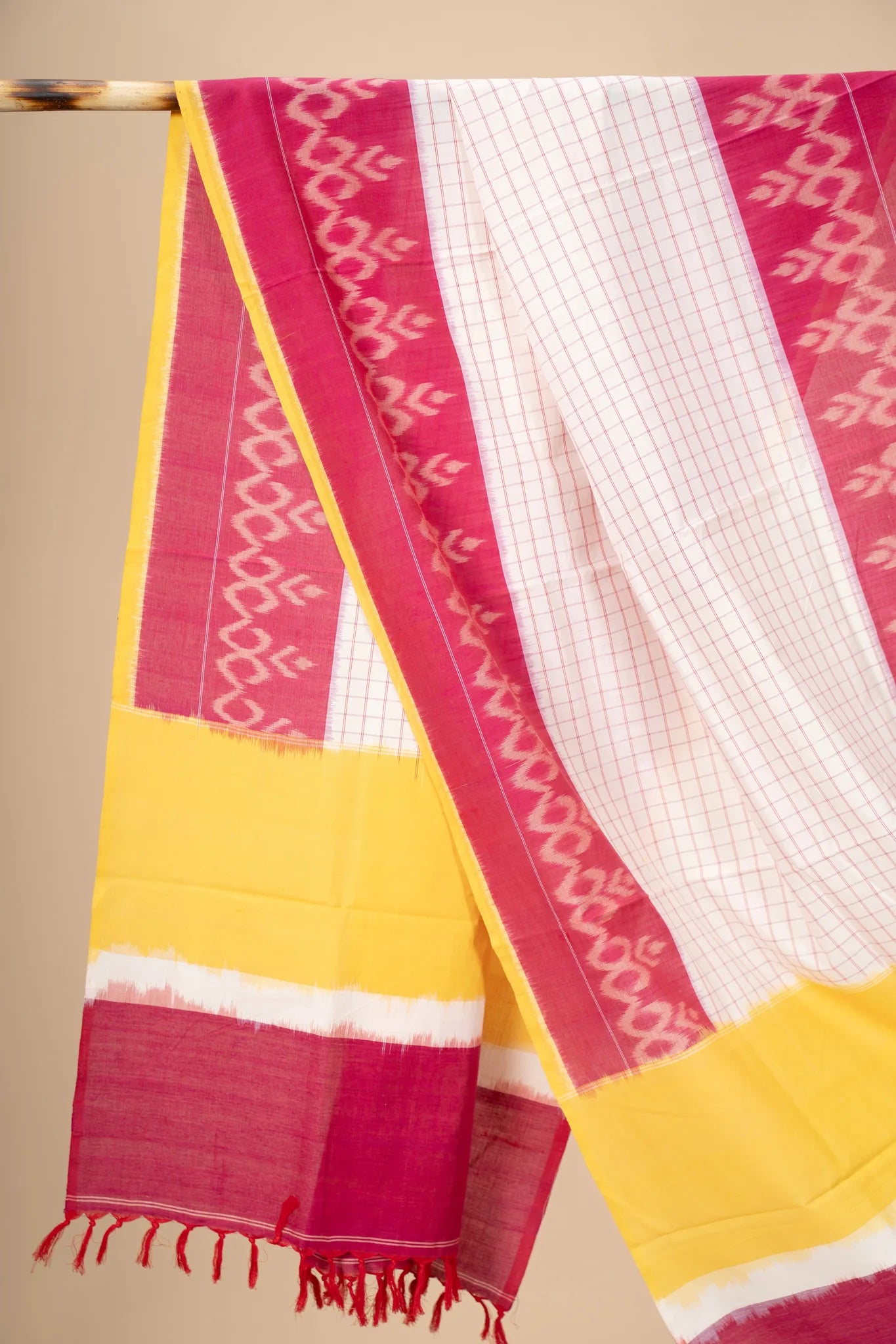 Red and Yellow Handwoven Ikkat Cotton Dupatta - view 2
