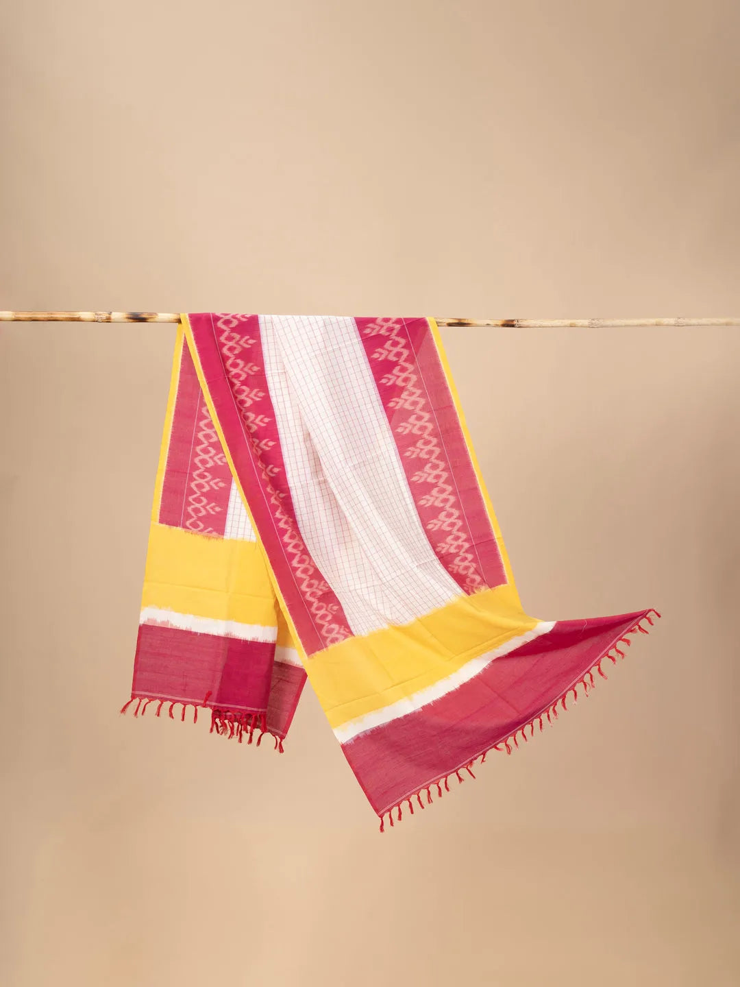 Red and Yellow Handwoven Ikkat Cotton Dupatta