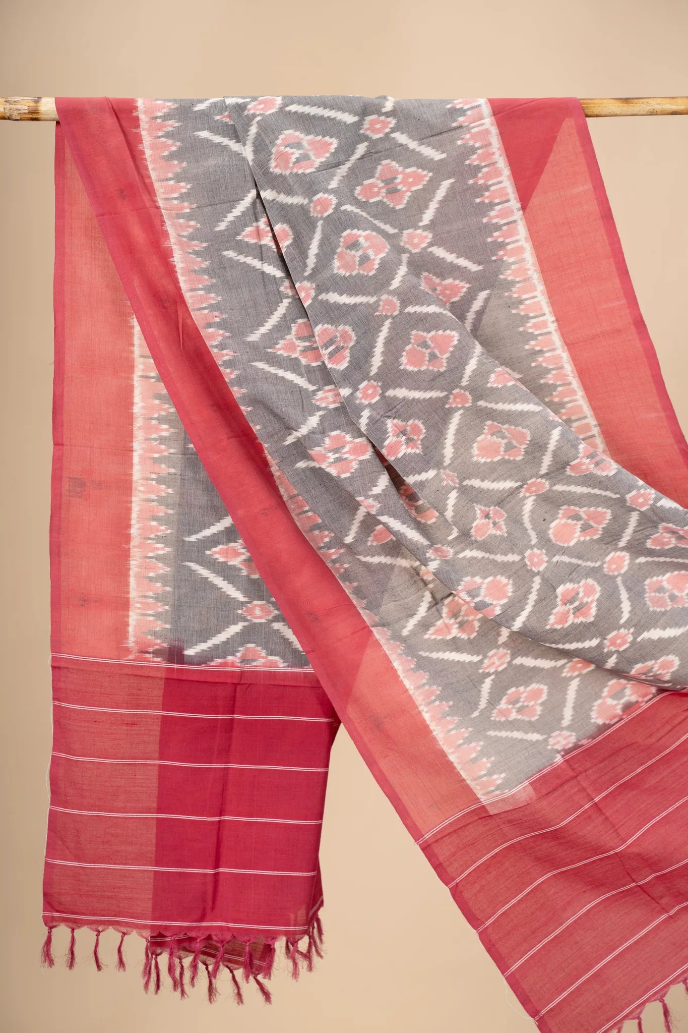Pink and Grey Handwoven Ikkat Cotton Dupatta - view 2
