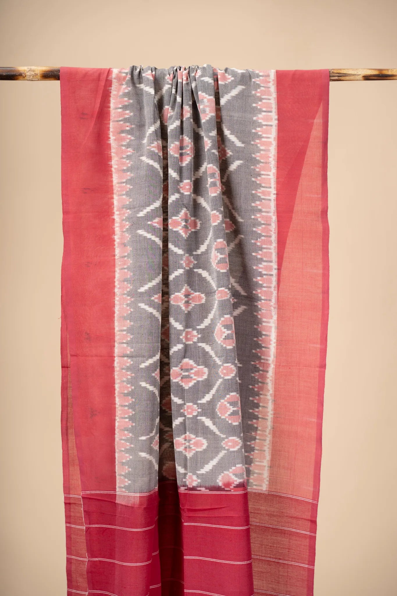 Pink and Grey Handwoven Ikkat Cotton Dupatta - view 3