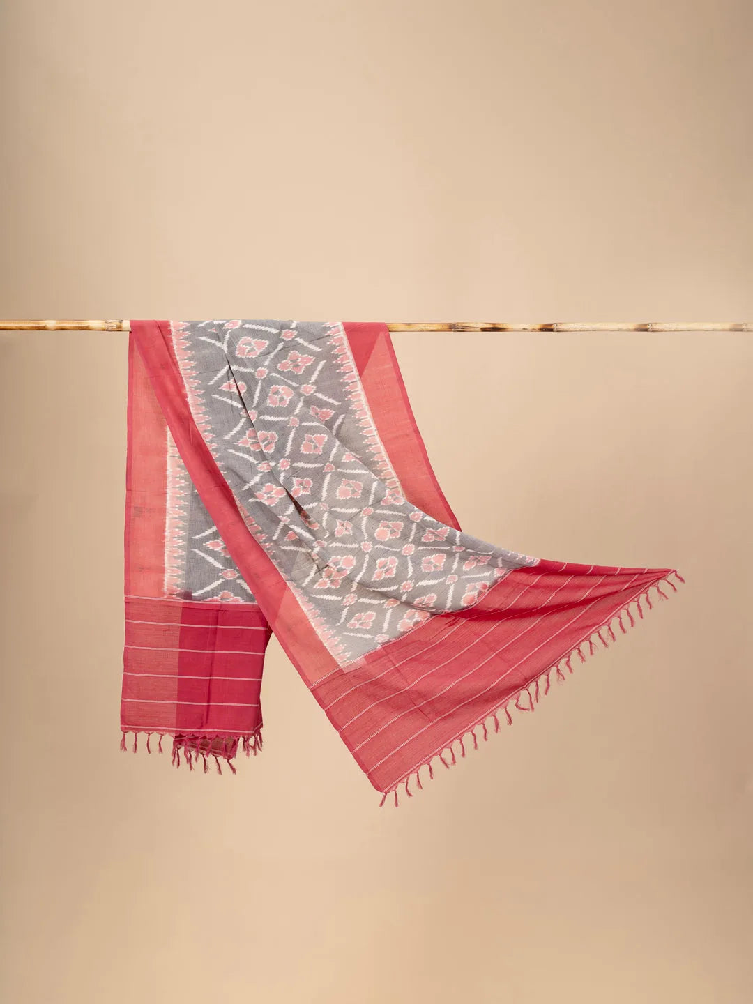 Pink and Grey Handwoven Ikkat Cotton Dupatta
