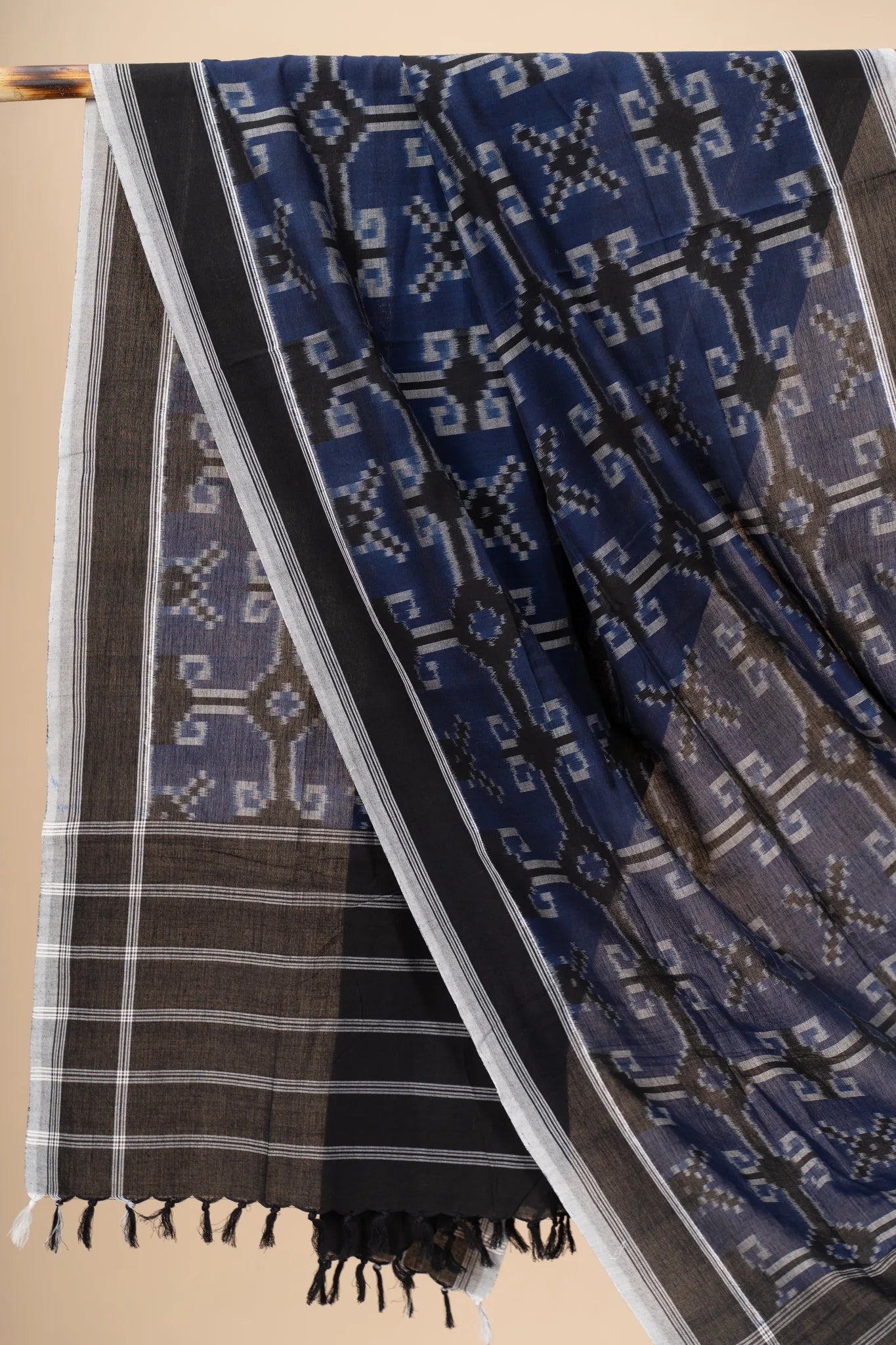Black and Blue Handwoven Ikkat Cotton Dupatta - view 2
