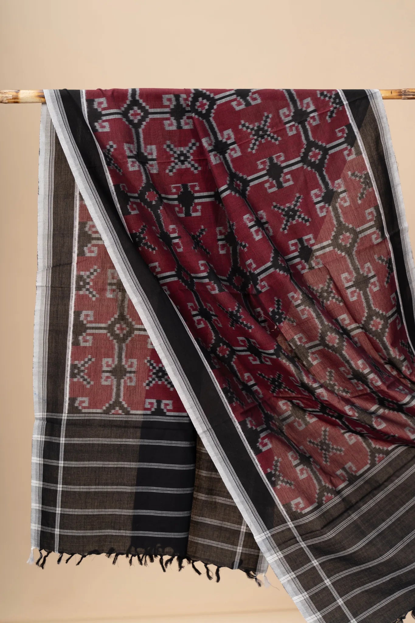 Black and Maroon Handwoven Ikkat Cotton Dupatta - view 2