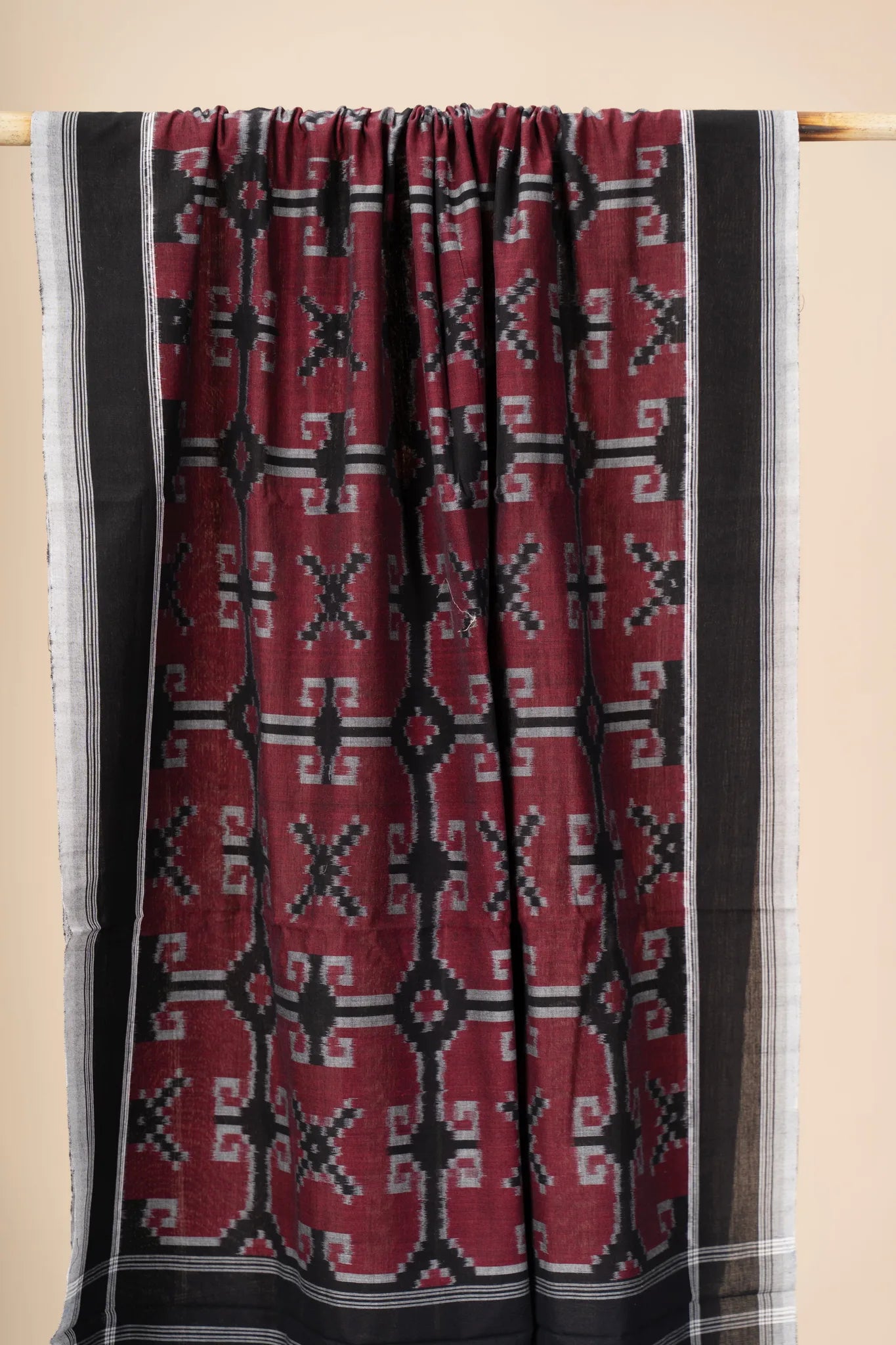 Black and Maroon Handwoven Ikkat Cotton Dupatta - view 3