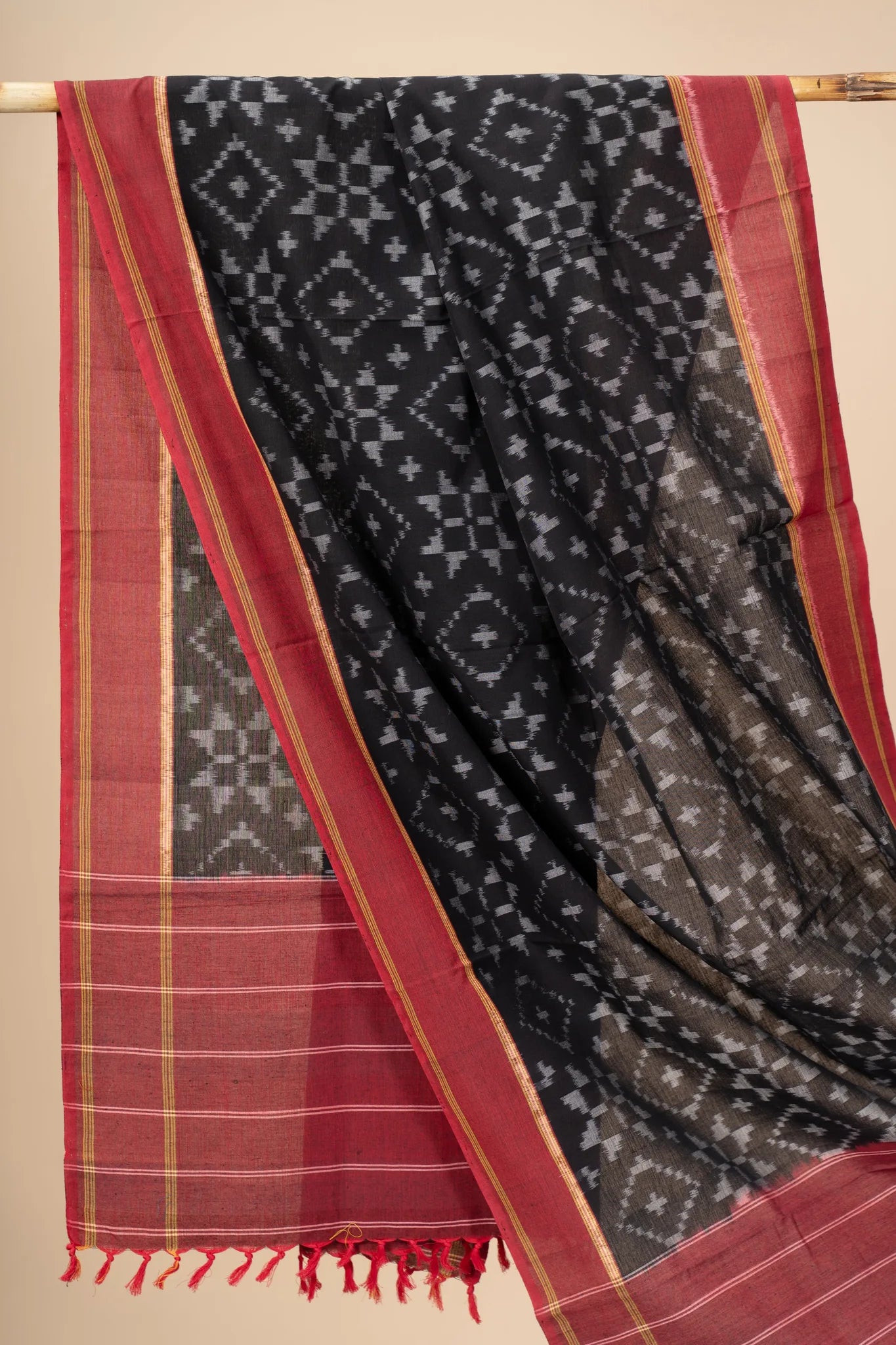 Black and Red Handwoven Ikkat Cotton Dupatta - view 2