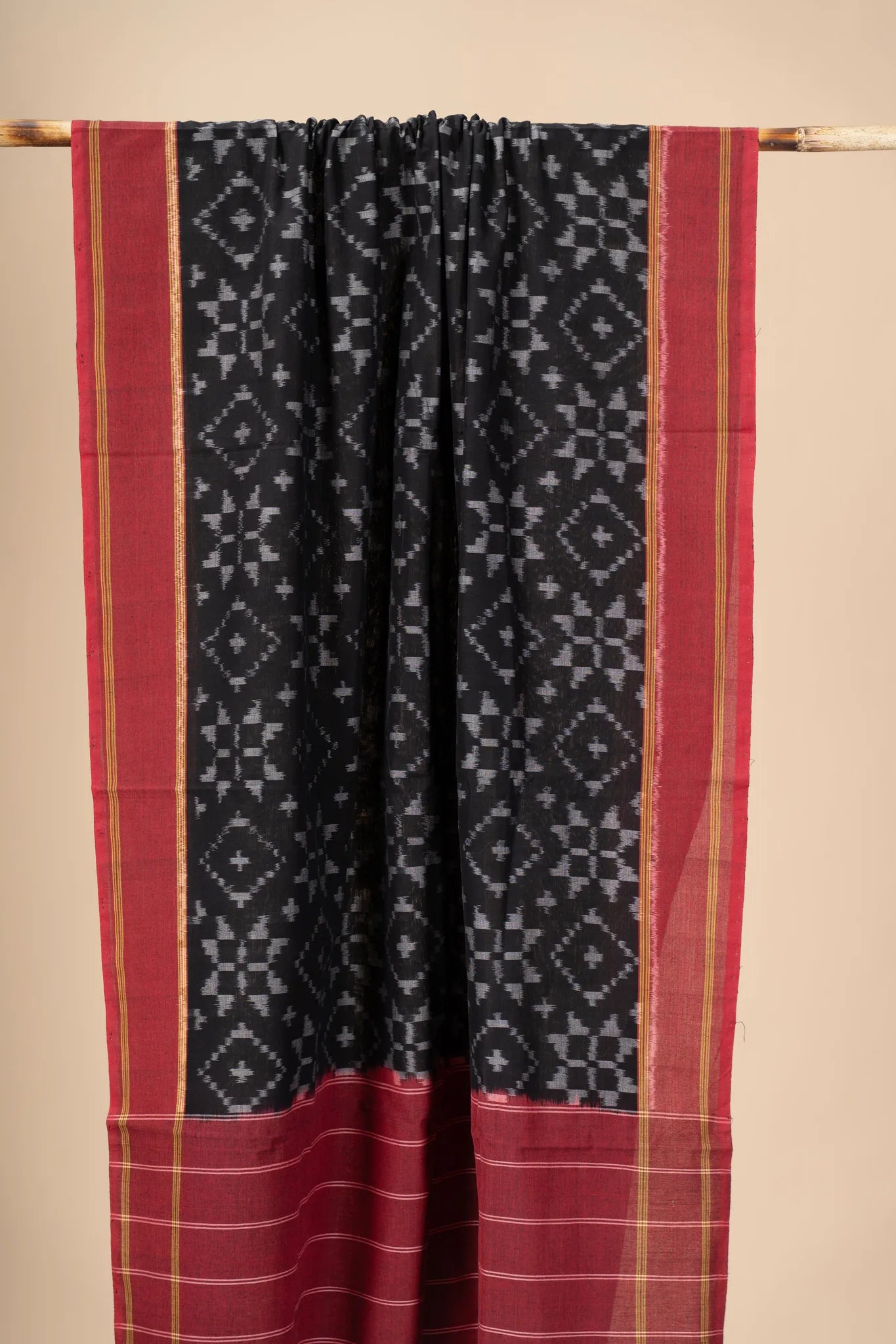 Black and Red Handwoven Ikkat Cotton Dupatta - view 3