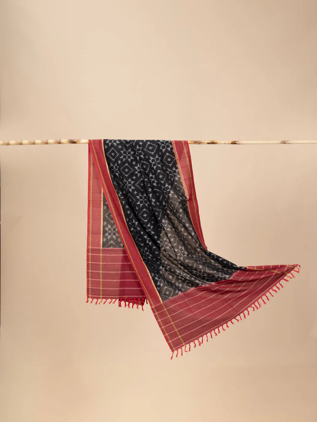 Black and Red Handwoven Ikkat Cotton Dupatta