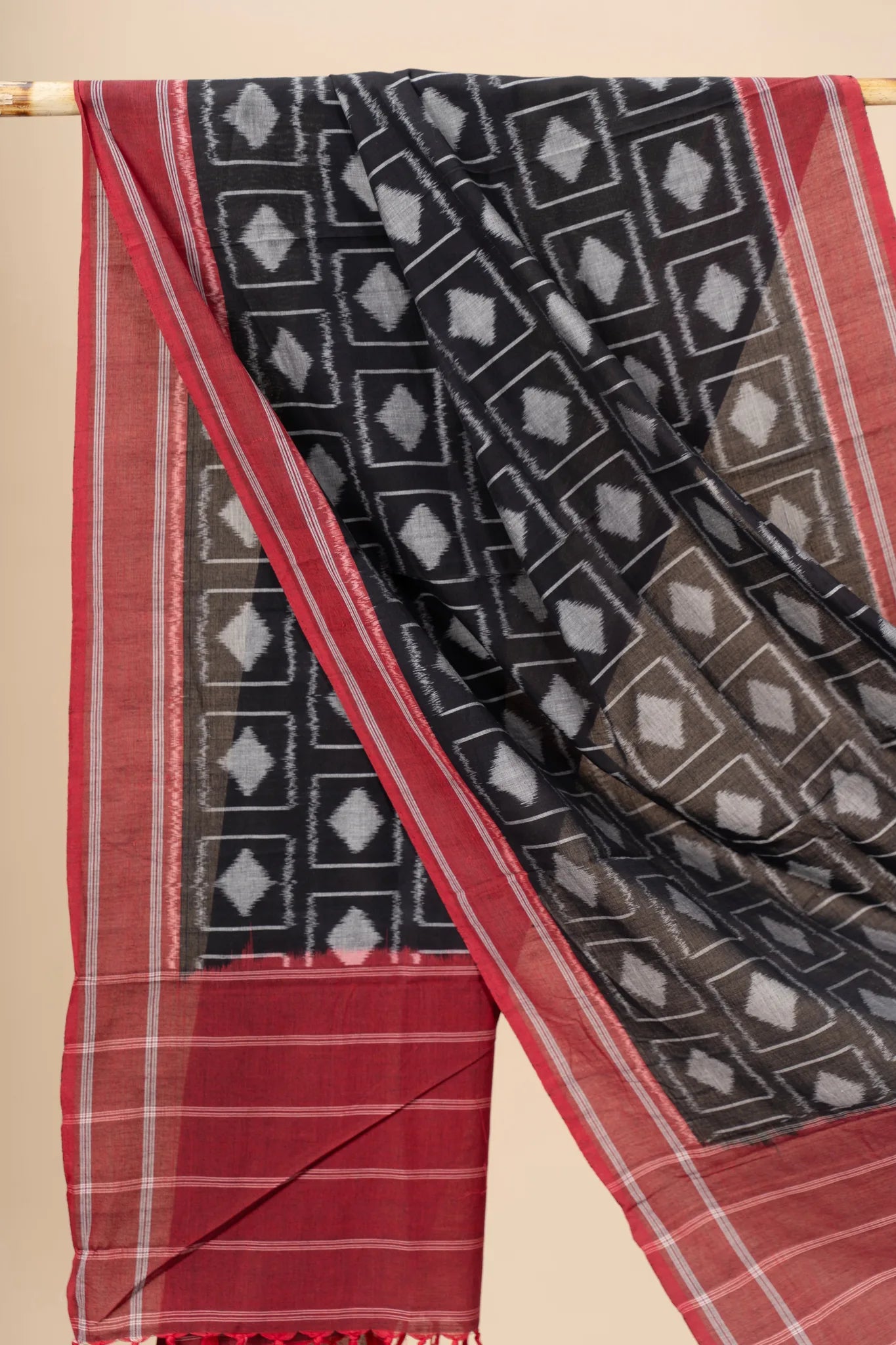 Red and Black Handwoven Ikkat Cotton Dupatta - view 2