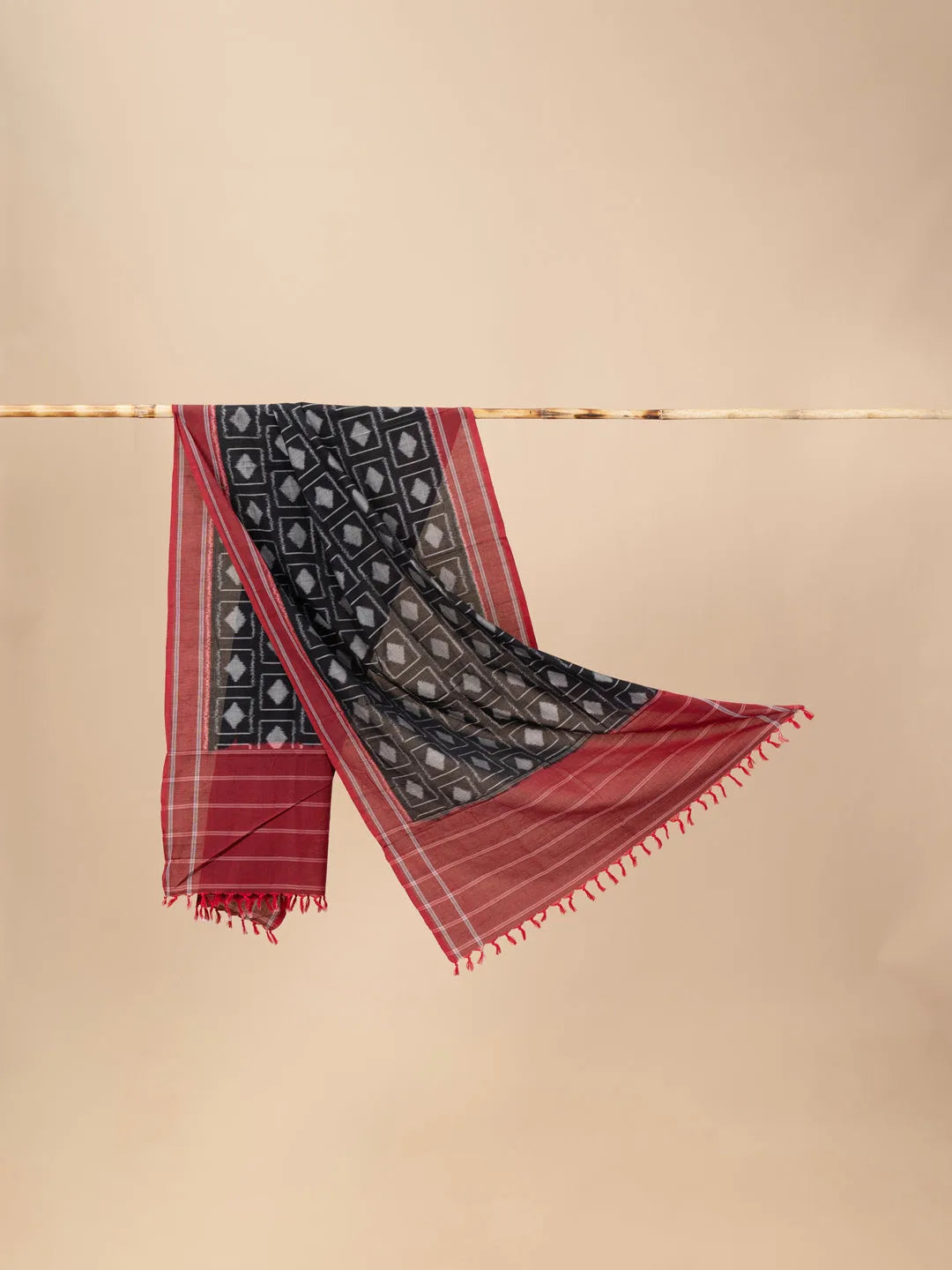 Red and Black Handwoven Ikkat Cotton Dupatta