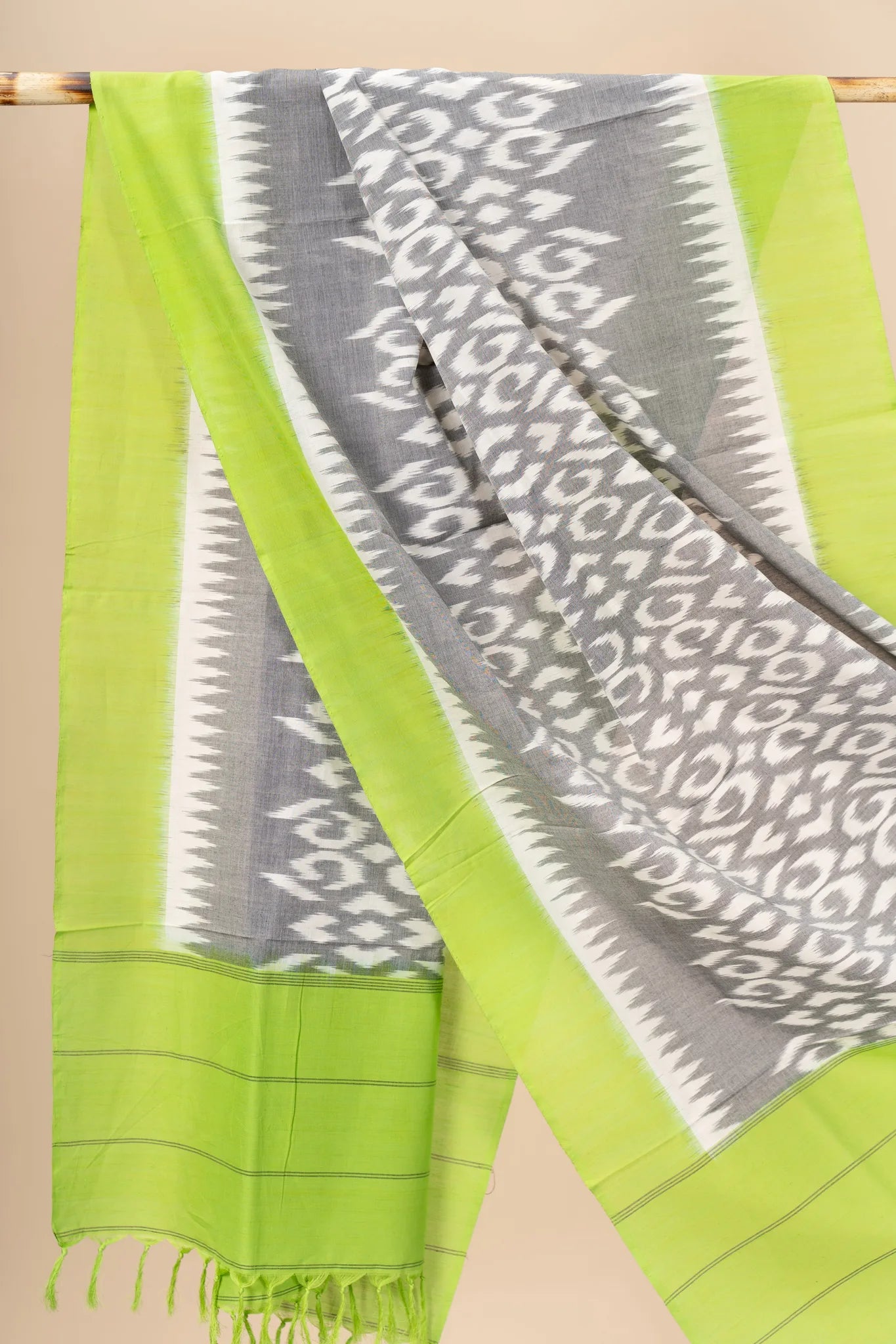 Grey and Green Handwoven Ikkat Cotton Dupatta - view 2
