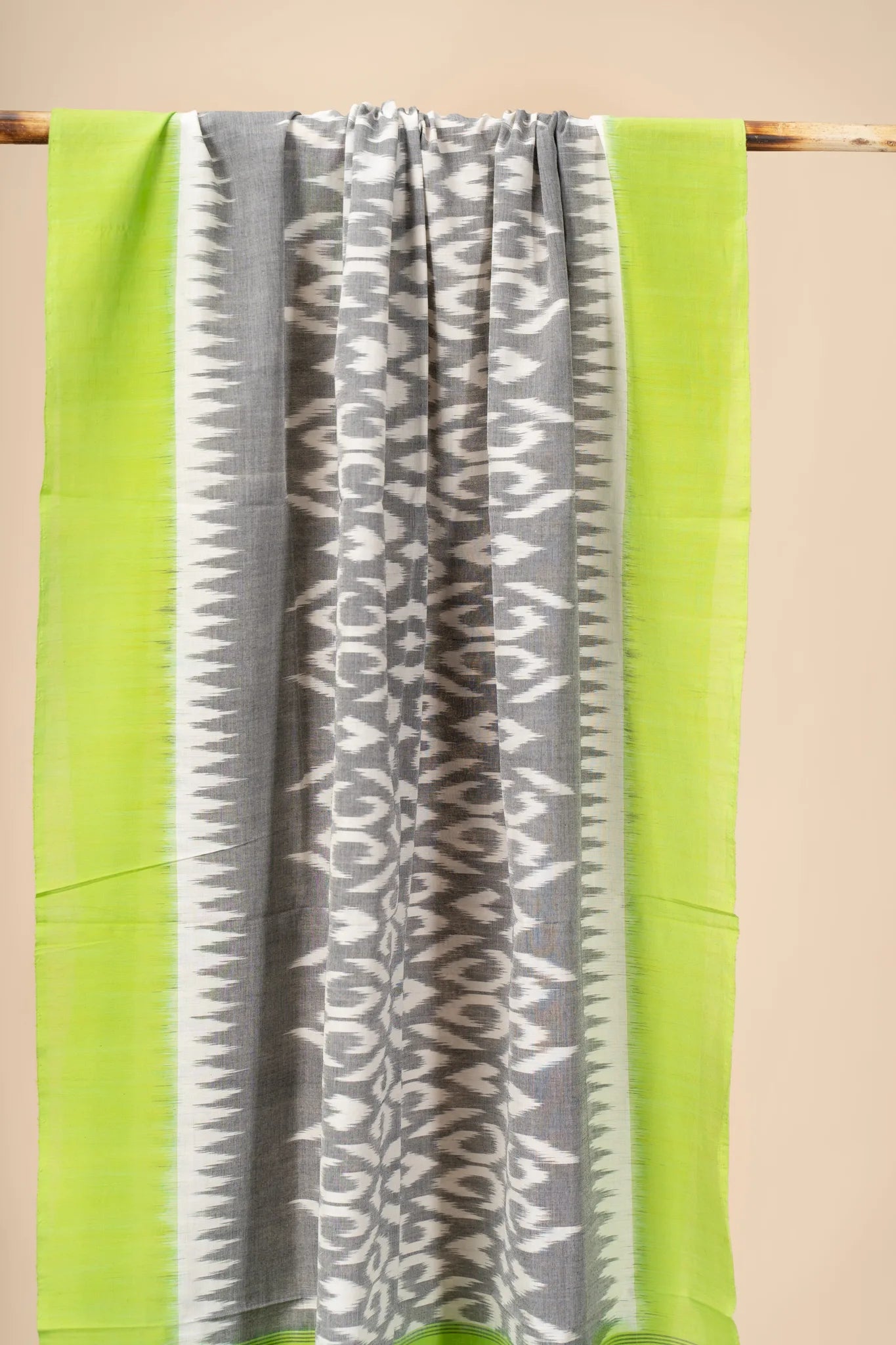 Grey and Green Handwoven Ikkat Cotton Dupatta - view 3