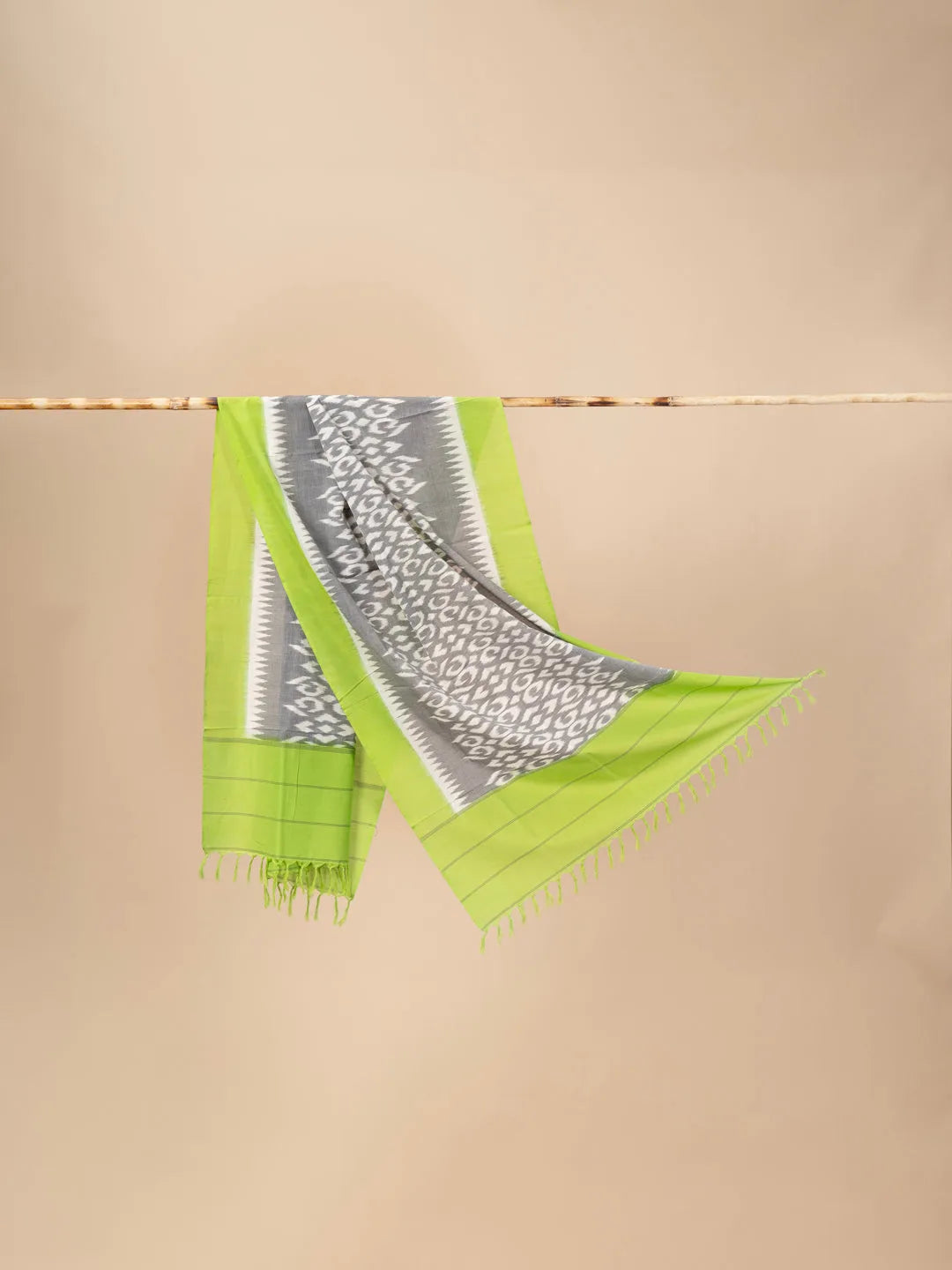 Grey and Green Handwoven Ikkat Cotton Dupatta