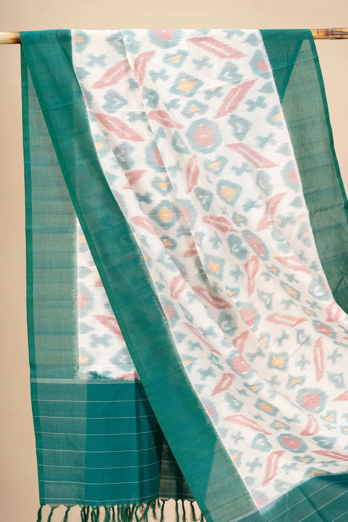 White and Green Handwoven Ikkat Cotton Dupatta - view 2