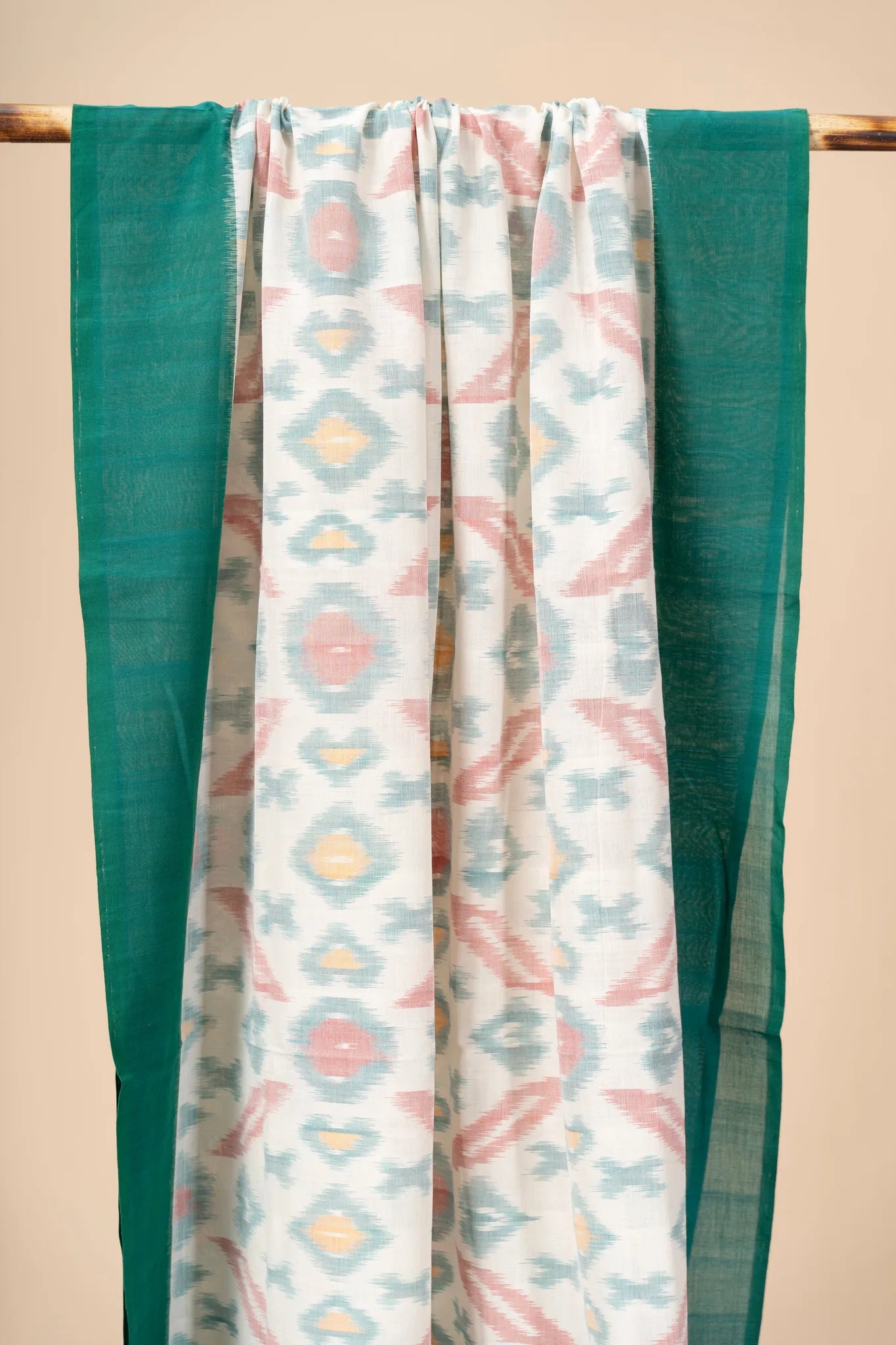 White and Green Handwoven Ikkat Cotton Dupatta - view 3