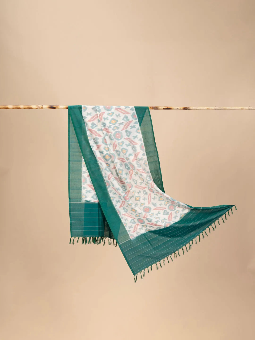 White and Green Handwoven Ikkat Cotton Dupatta