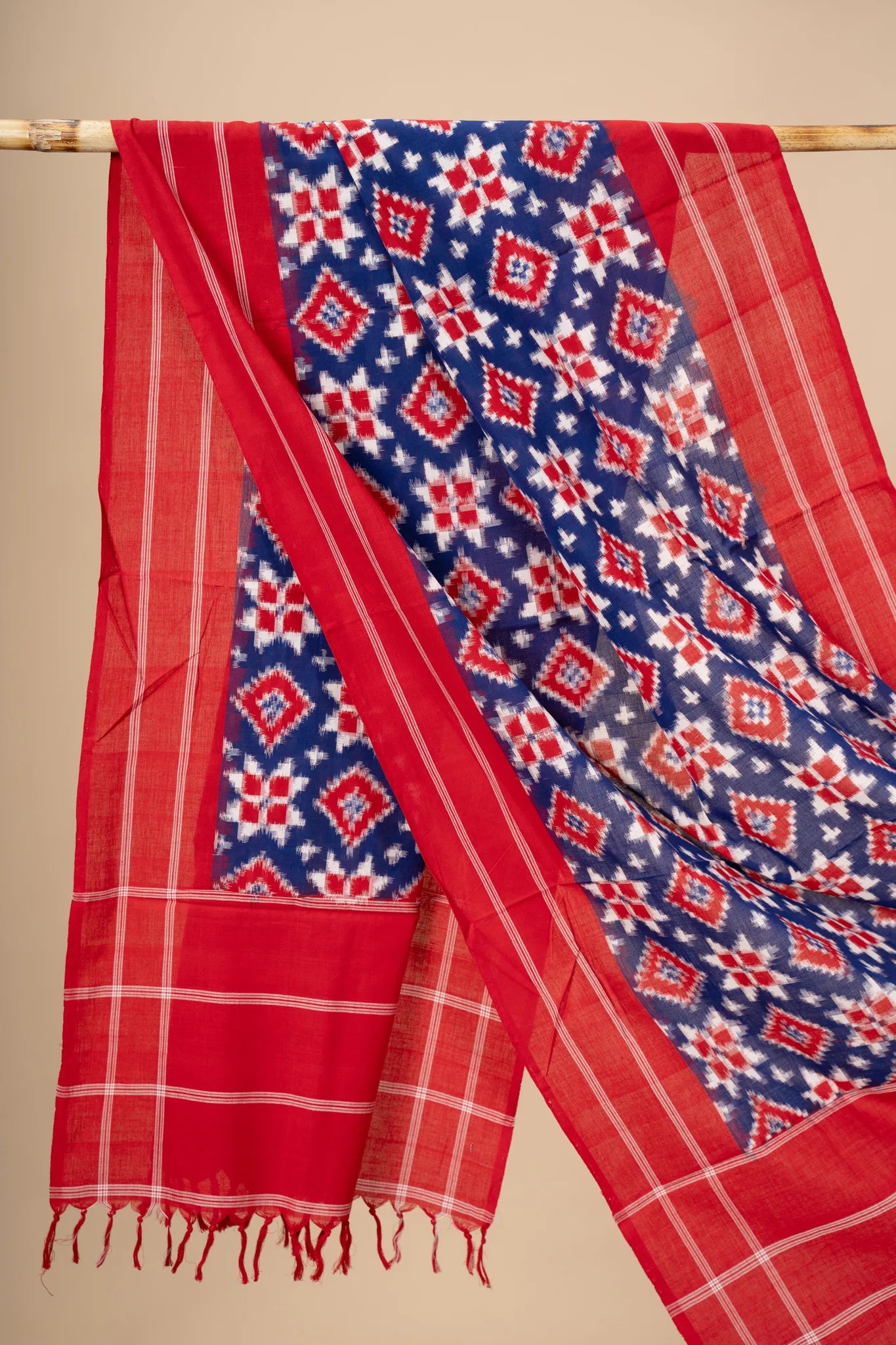 Blue and Red Handwoven Ikkat Tilia Rumal Dupatta - view 2